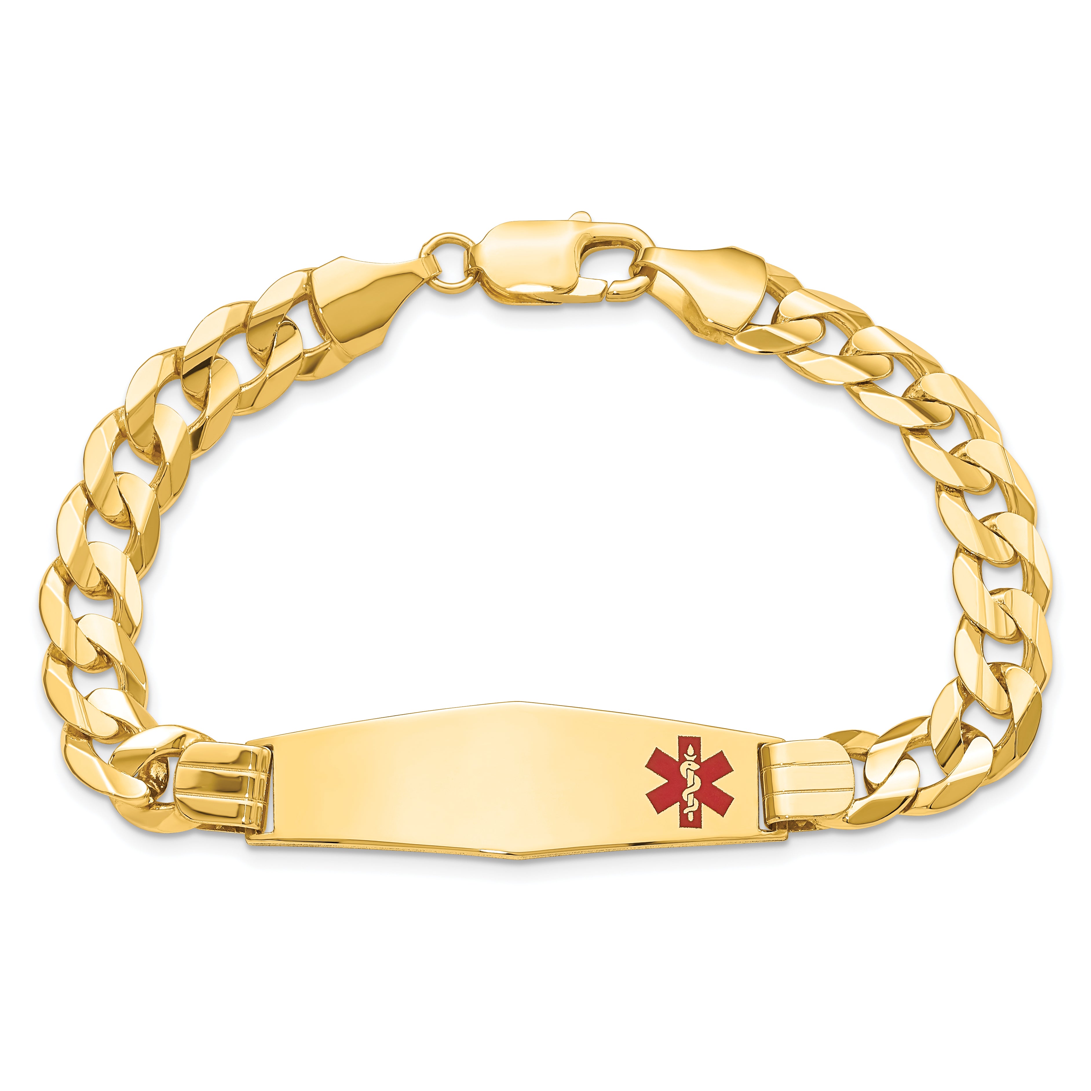 14K Medical Solid Chain/Solid Plate Soft Diamond Shape 39x12mm Off-Center Red Enamel Curb Link 8 inch ID Bracelet