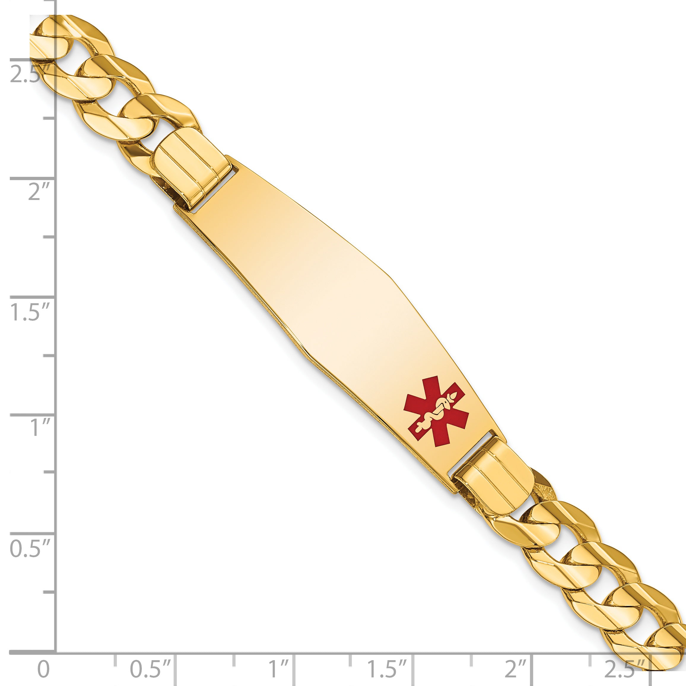 14K Medical Solid Chain/Solid Plate Soft Diamond Shape 39x12mm Off-Center Red Enamel Curb Link 8 inch ID Bracelet