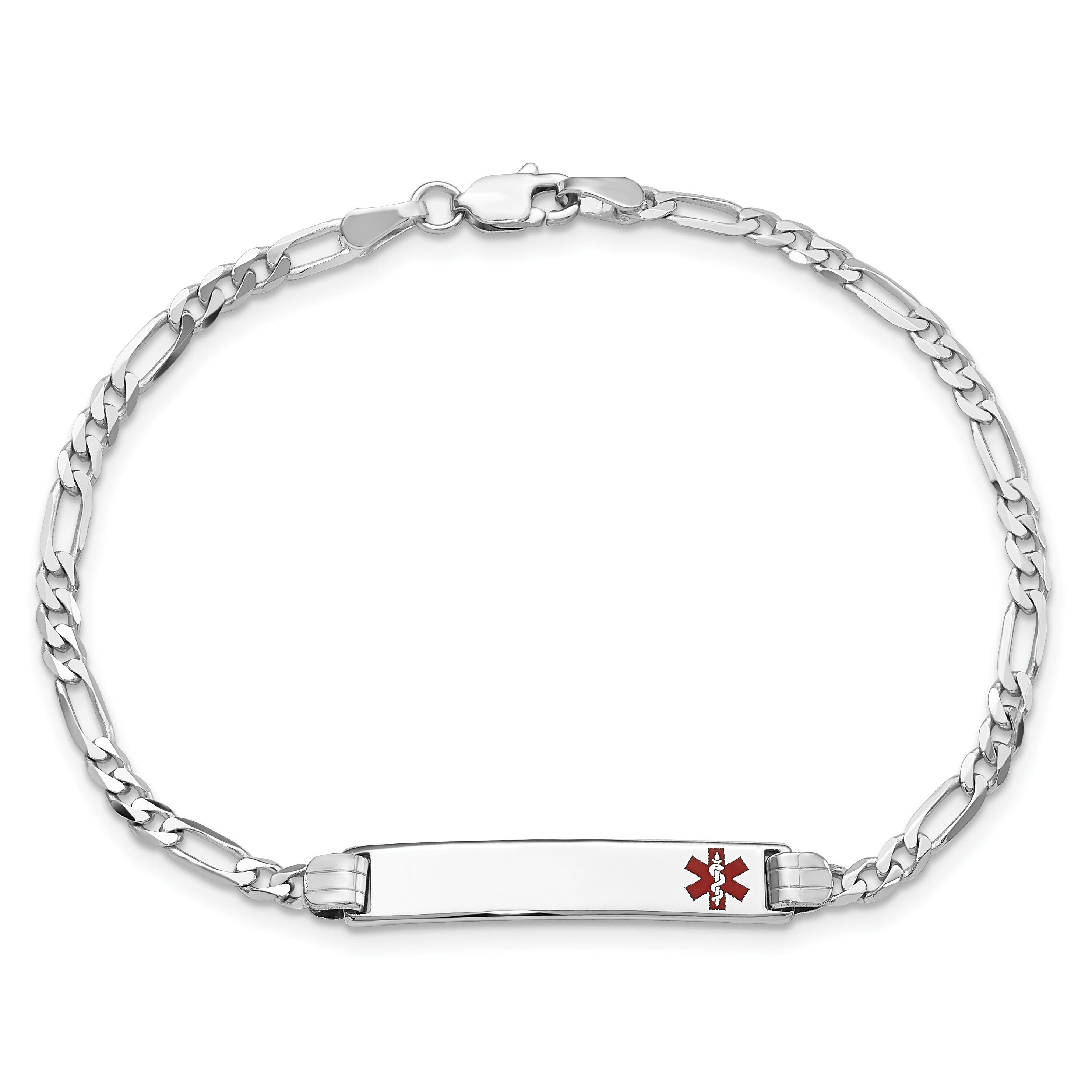 14K White Gold Medical Red Enamel Figaro Link Id Bracelet