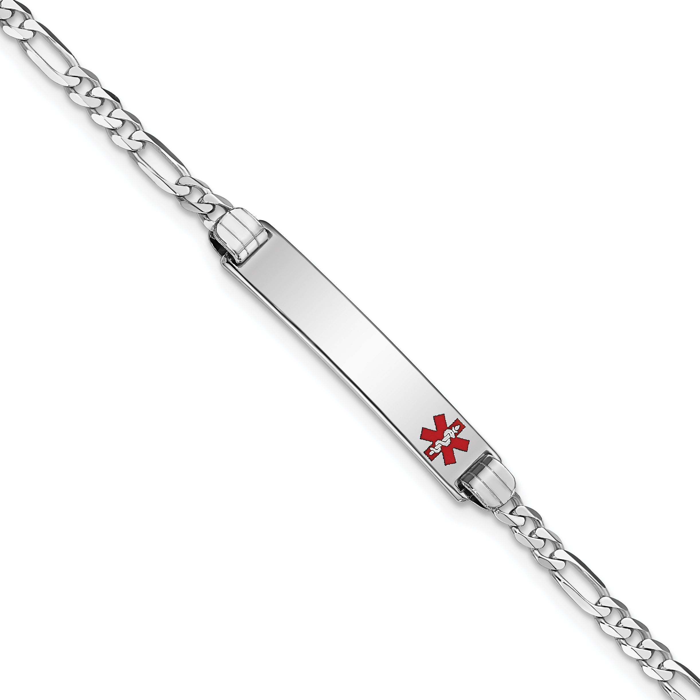 14K White Gold Medical Red Enamel Figaro Link Id Bracelet