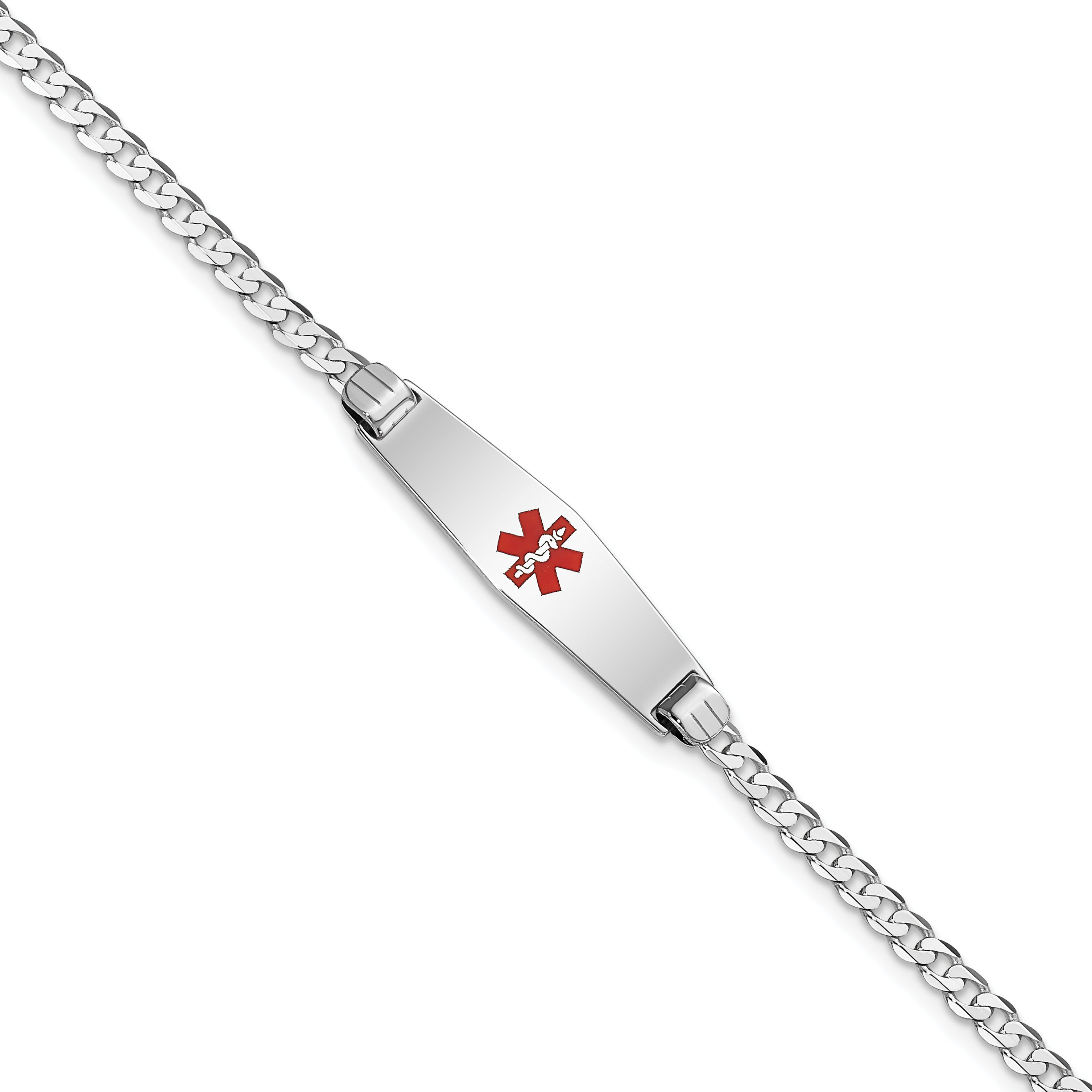 14K White Gold Medical Solid Chain/Solid Plate 24x7mm Soft Diamond Shape Centered Red Enamel Flat Curb Link 8 inch ID Bracelet