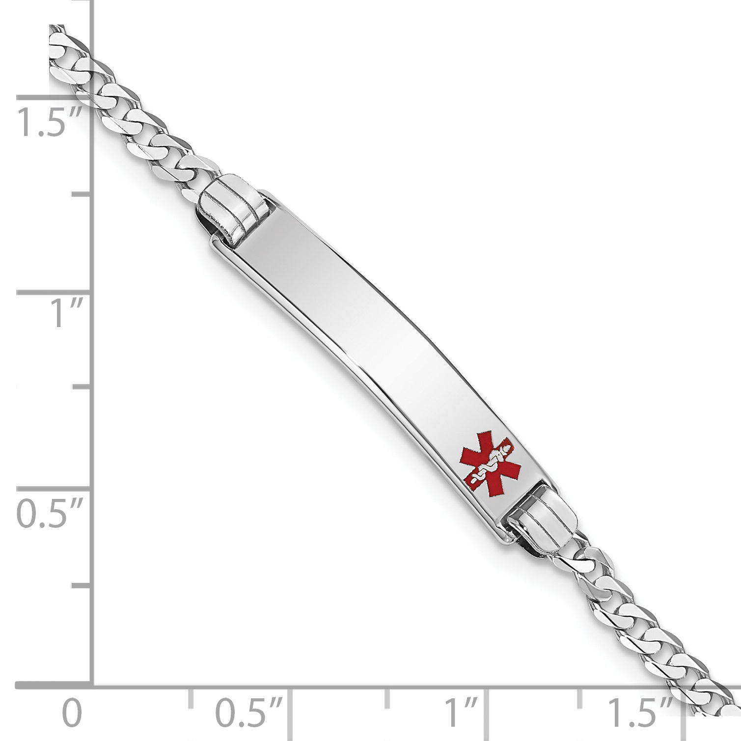 14K White Gold Medical Solid Chain/Solid Plate 26x5mm Off-Center Red Enamel Flat Curb Link 7 inch ID Bracelet