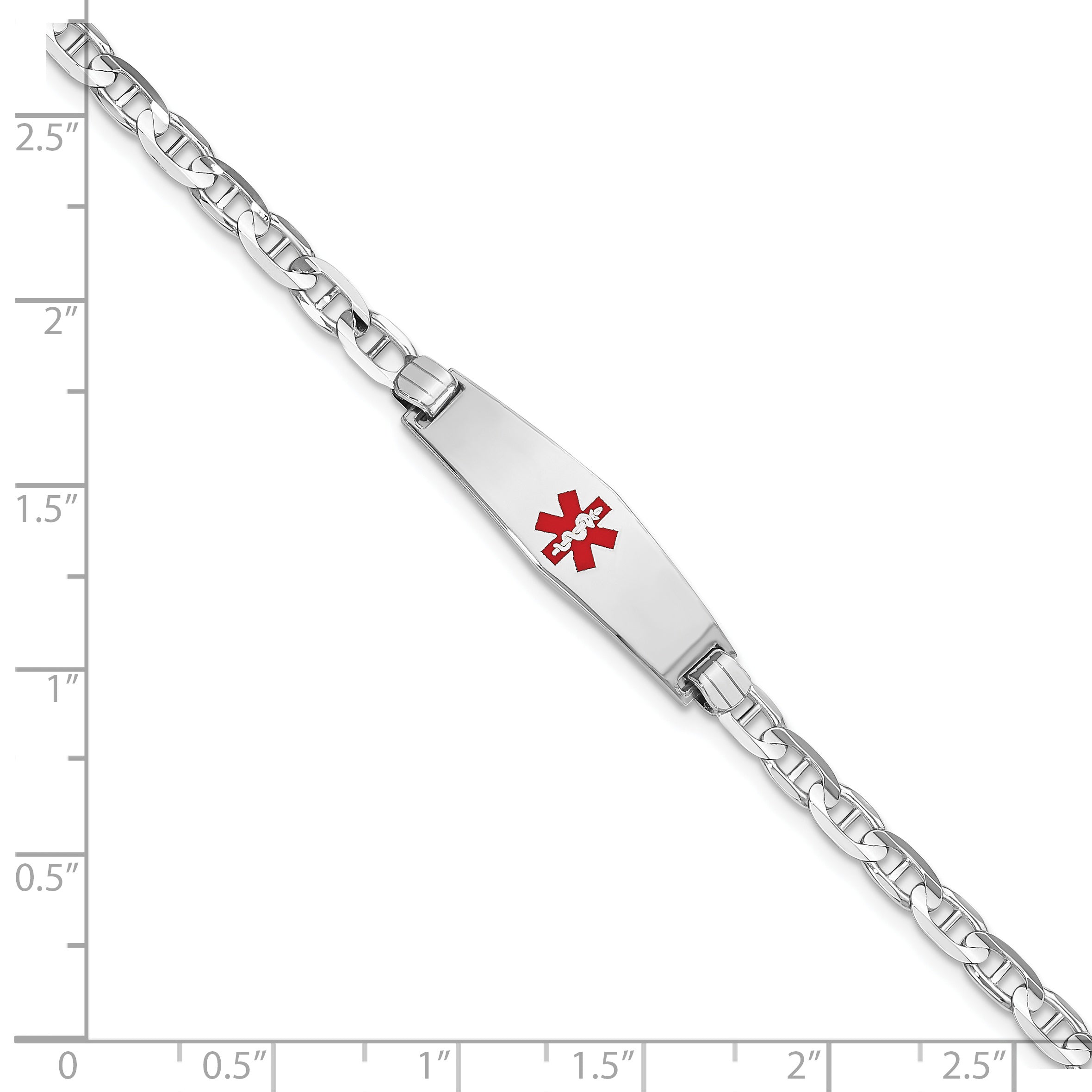 14K White Gold Medical Solid Chain/Solid Plate 24x7mm Soft Diamond Shape Centered Red Enamel Anchor Link 8 inch ID Bracelet