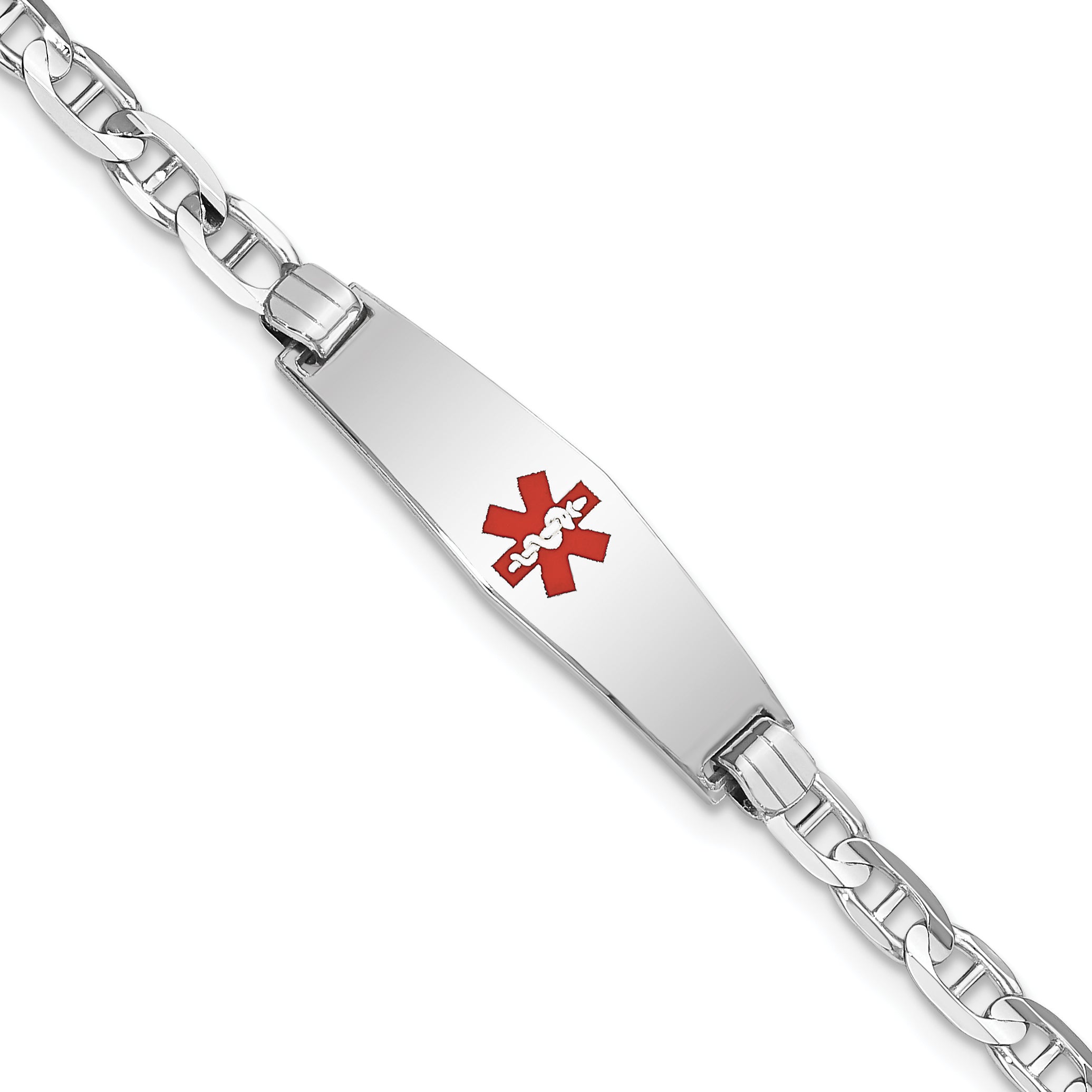 14K White Gold Medical Solid Chain/Solid Plate 24x7mm Soft Diamond Shape Centered Red Enamel Anchor Link 8 inch ID Bracelet