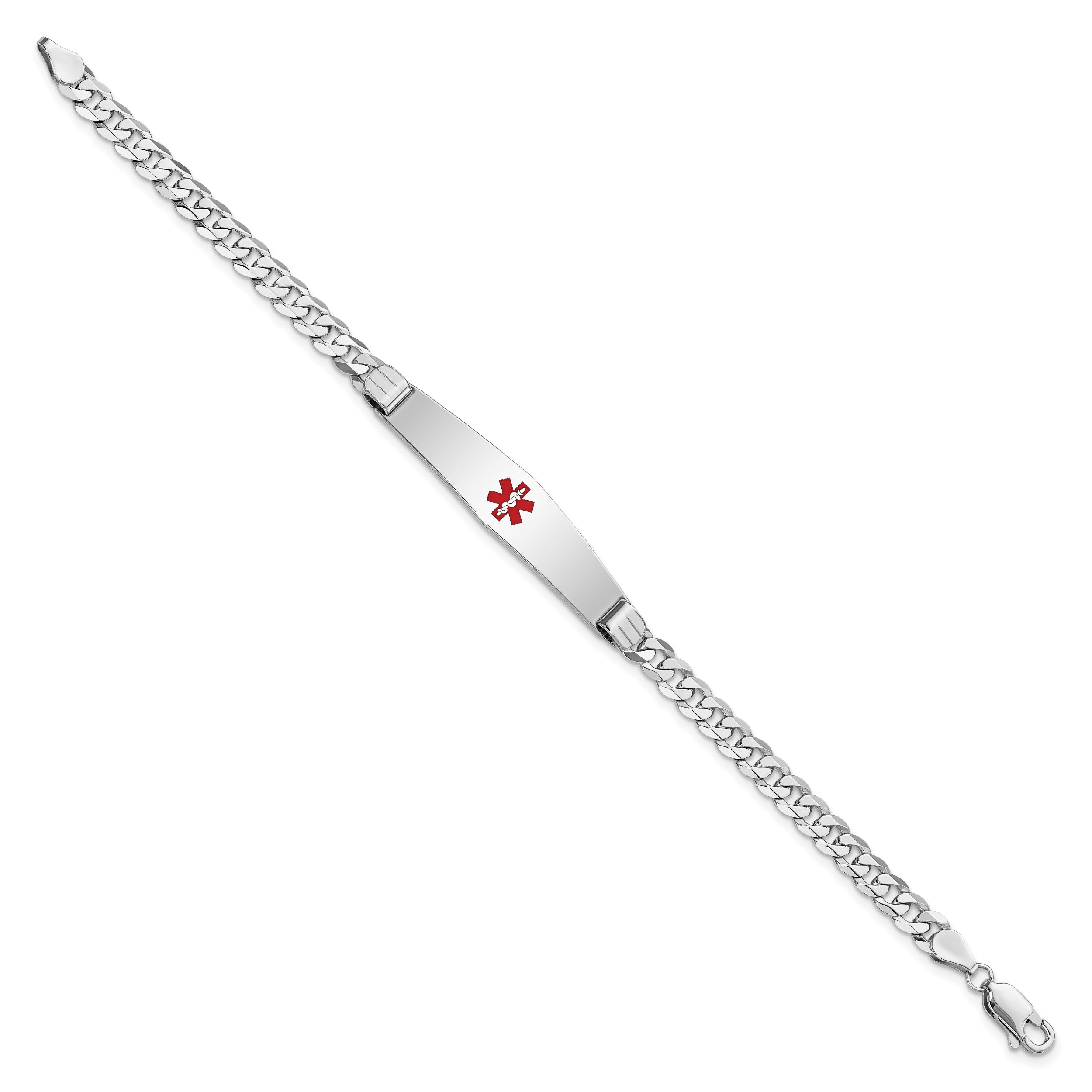 14K White Gold Medical Solid Chain/Solid Plate Soft Diamond Shape 36x9mm Centered Red Enamel Flat Curb Link 7 inch ID Bracelet