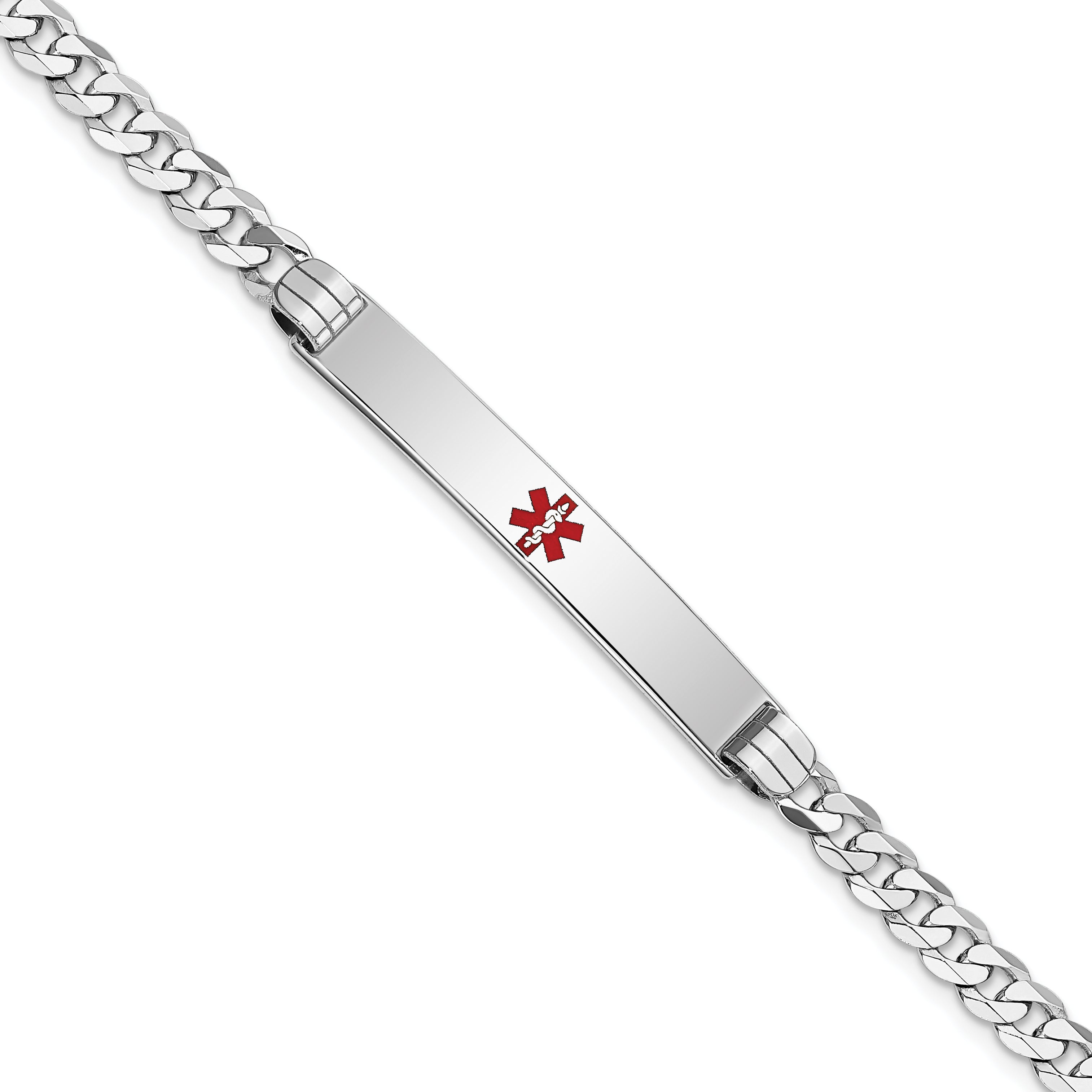 14K White Gold Medical Solid Chain/Solid Plate 37x6mm Centered Red Enamel Flat Curb Link 7 inch ID Bracelet