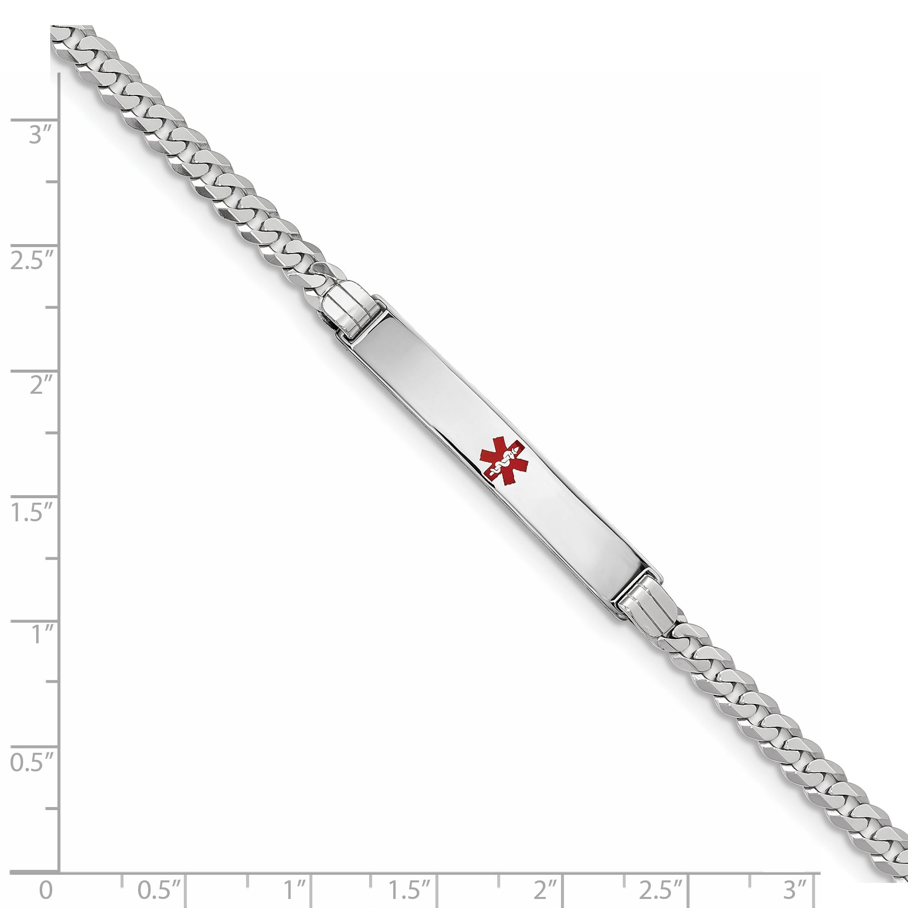 14K White Gold Medical Solid Chain/Solid Plate 37x6mm Centered Red Enamel Flat Curb Link 7 inch ID Bracelet