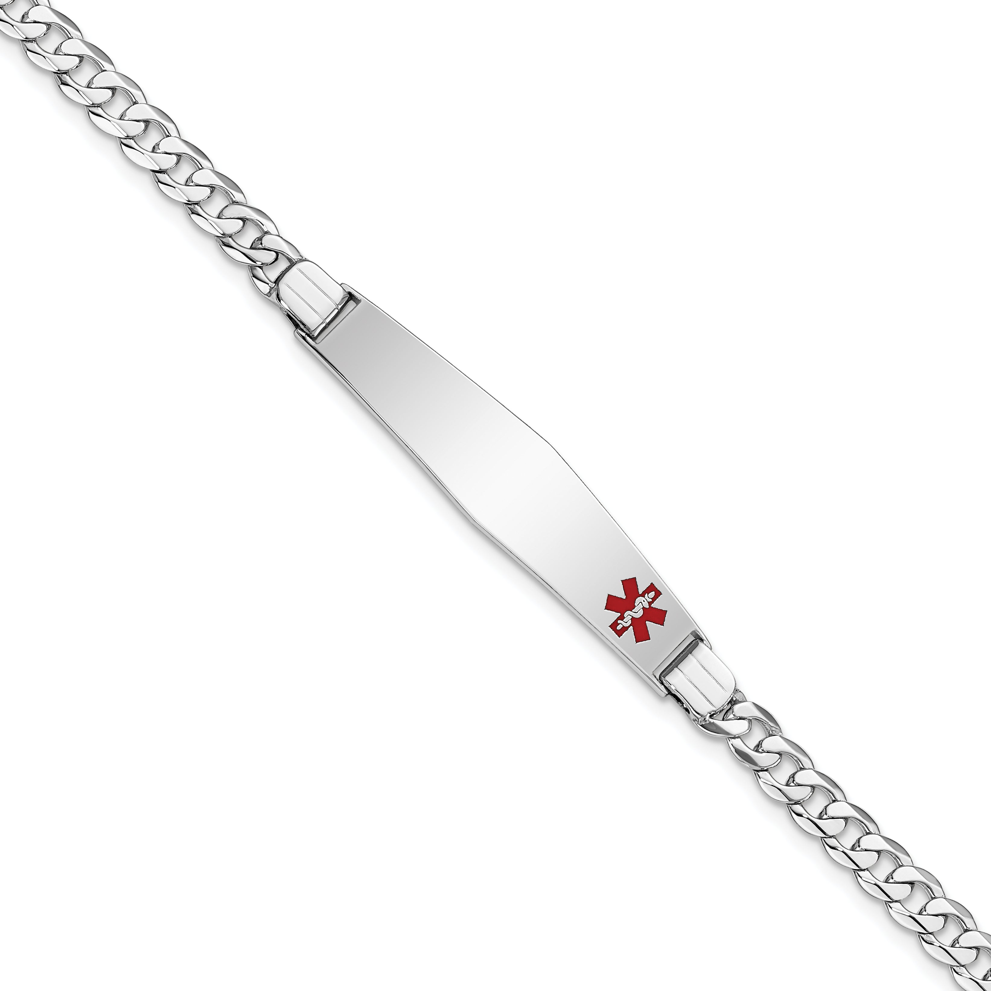 14K White Gold Medical Solid Chain/Solid Plate Soft Diamond Shape 37x9mm Off-Center Red Enamel Flat Curb Link 8 inch ID Bracelet