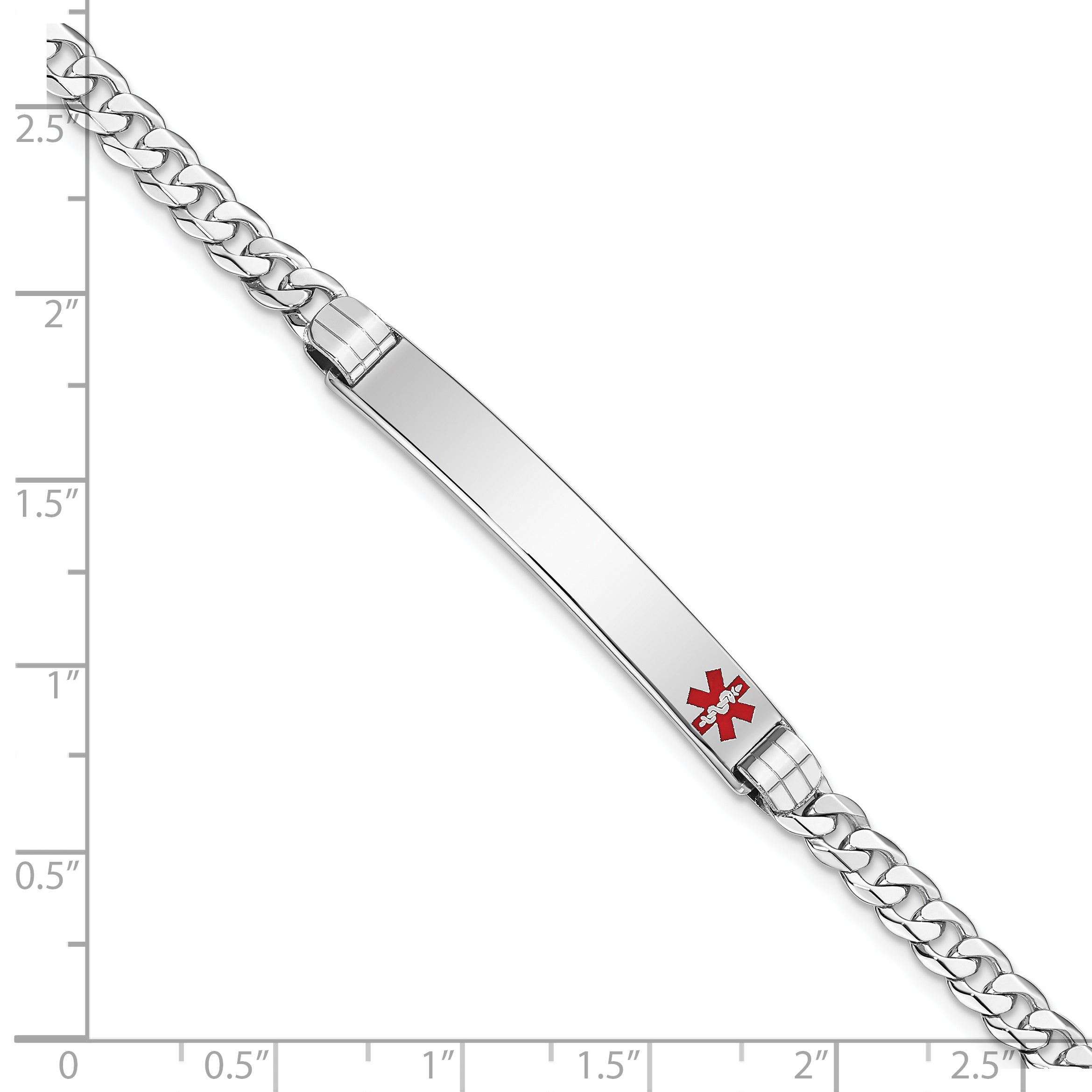 14K White Gold Medical Red Enamel Flat Curb Link Id Bracelet