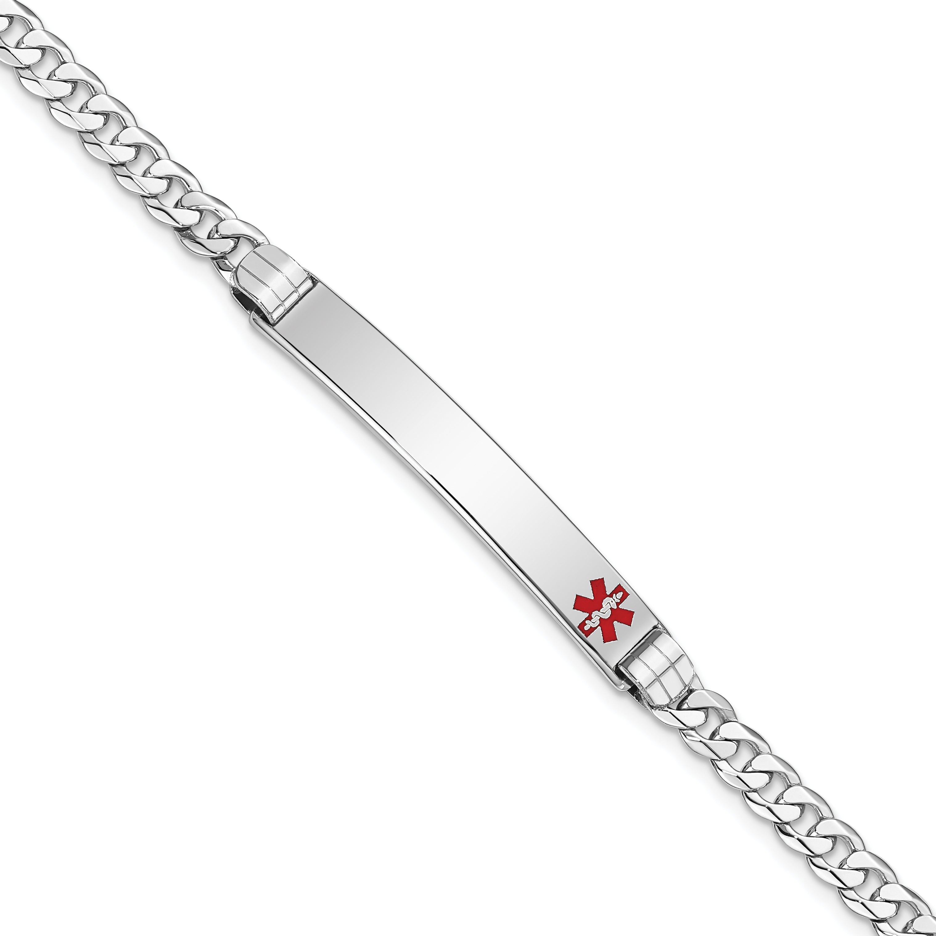 14K White Gold Medical Red Enamel Flat Curb Link Id Bracelet