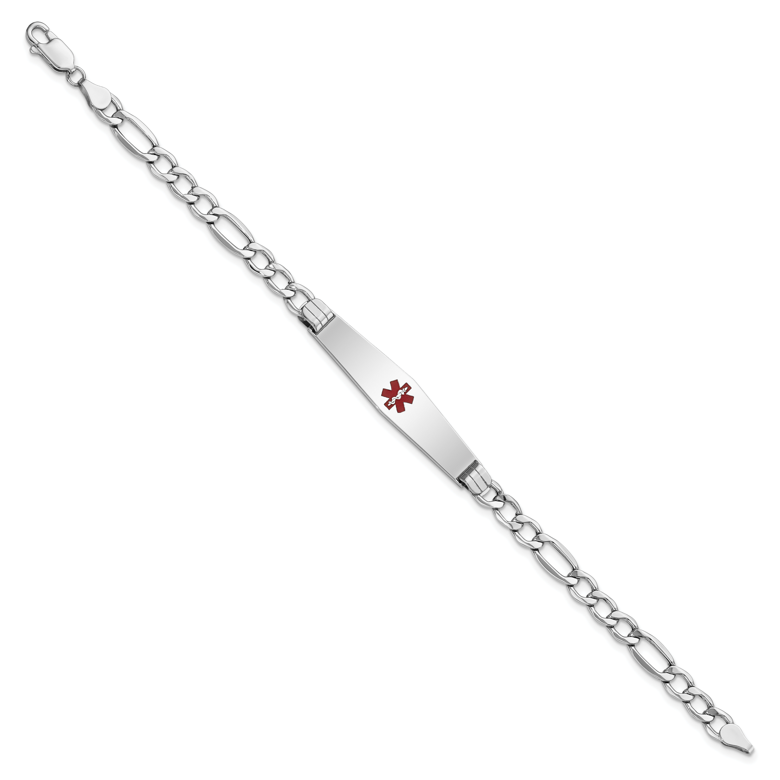 14K Wg Semi-Solid Medical Soft Diamond Shape Red Enamel Figaro Id Bracelet