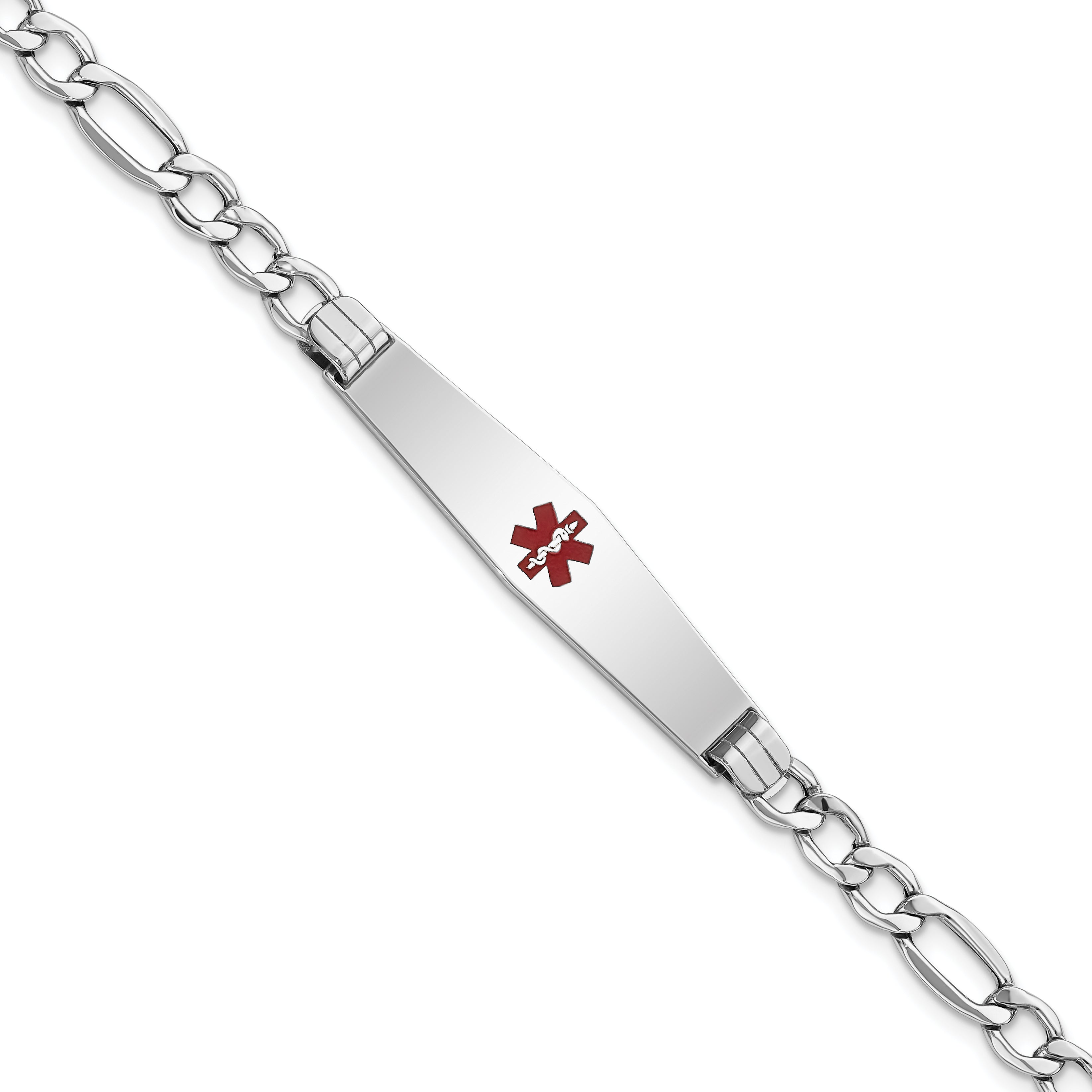 14K Wg Semi-Solid Medical Soft Diamond Shape Red Enamel Figaro Id Bracelet