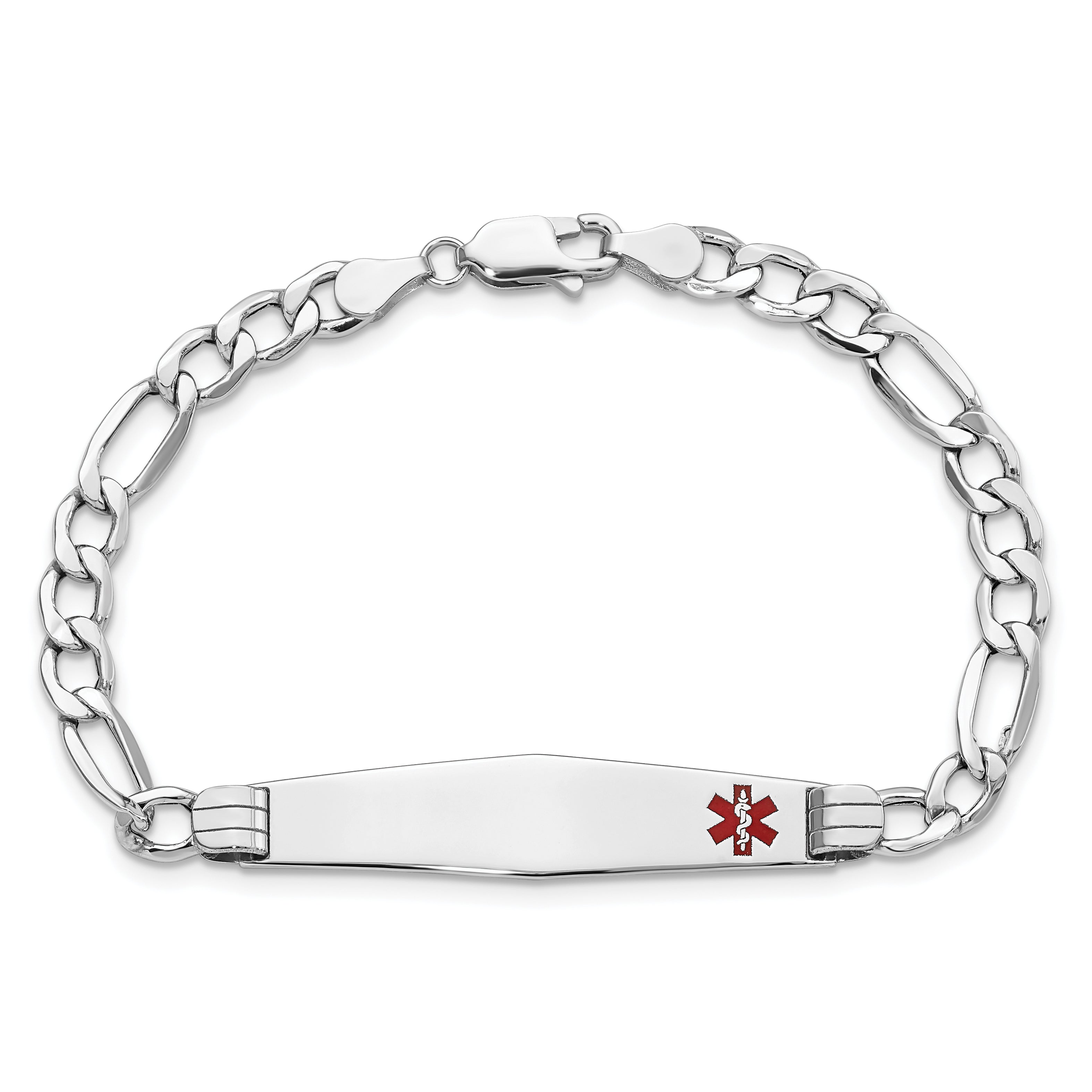 14K White Gold Medical Semi-Solid Chain/Solid Plate Soft Diamond Shape 37x9mm Off-Center Red Enamel Figaro Link 8 inch ID Bracelet