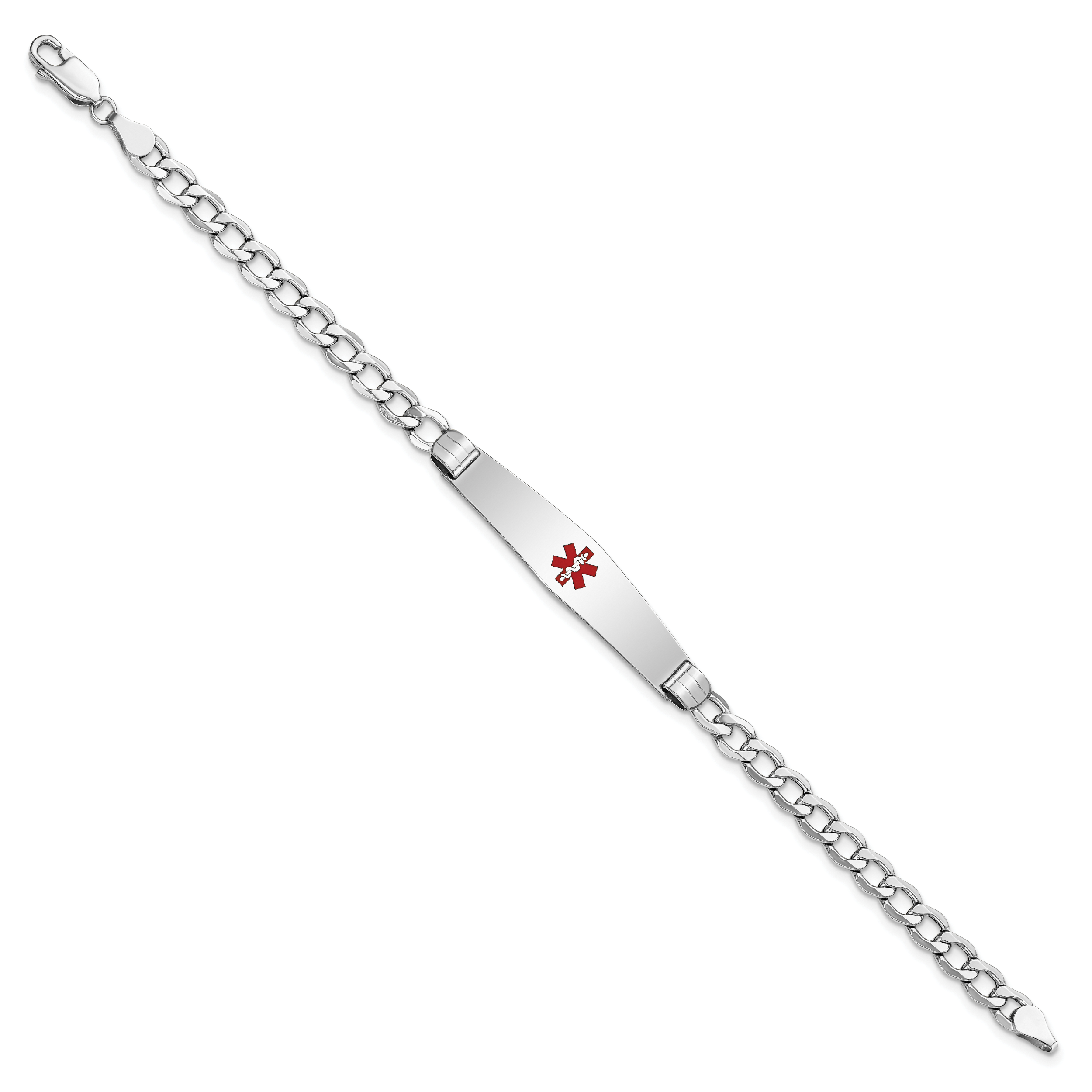 14K White Gold Medical Semi-Solid Chain/Solid Plate Soft Diamond Shape 36x9mm Centered Red Enamel Curb Link 8 inch ID Bracelet