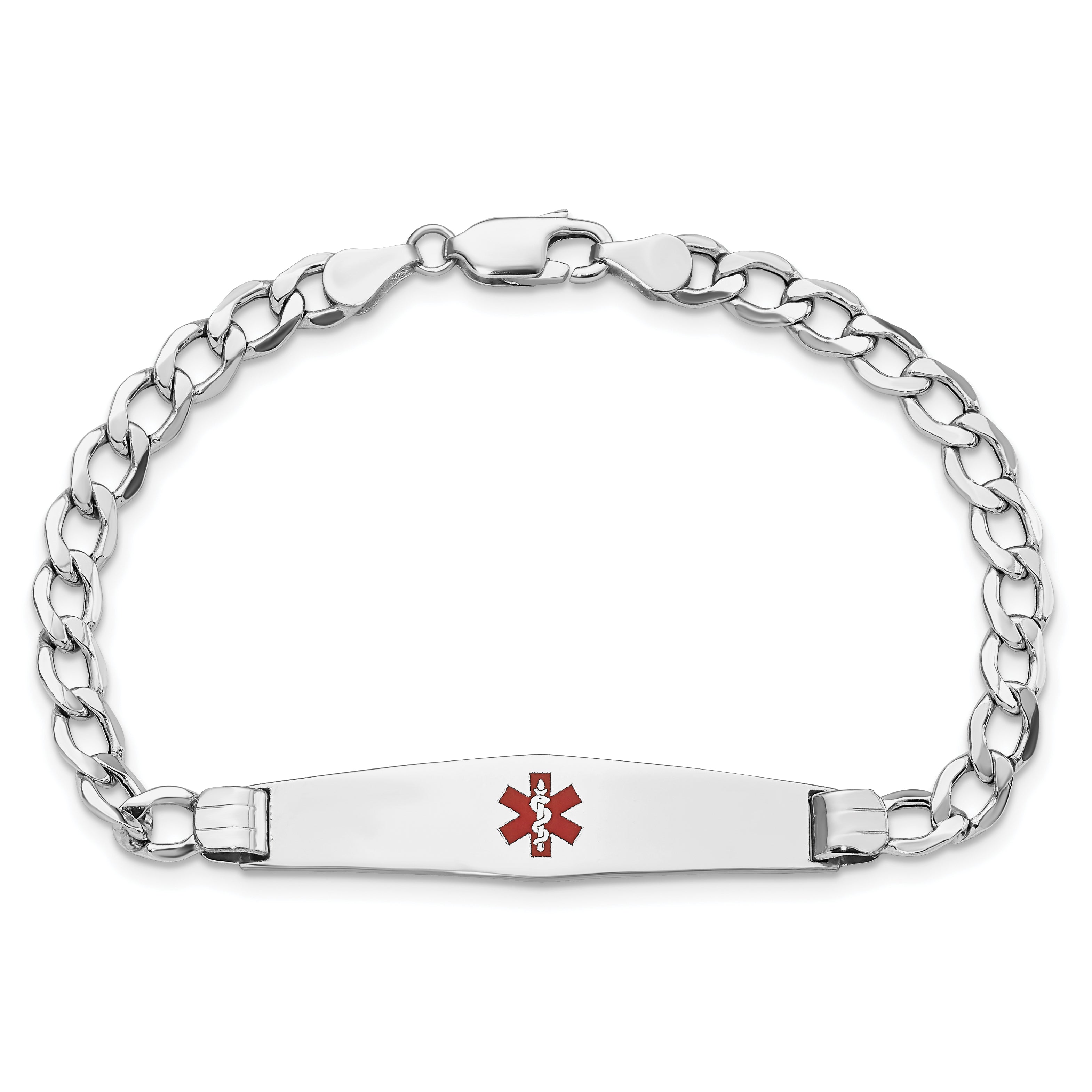 14K Wg Semi-Solid Medical Soft Diamond Shape Red Enamel Curb Id Bracelet