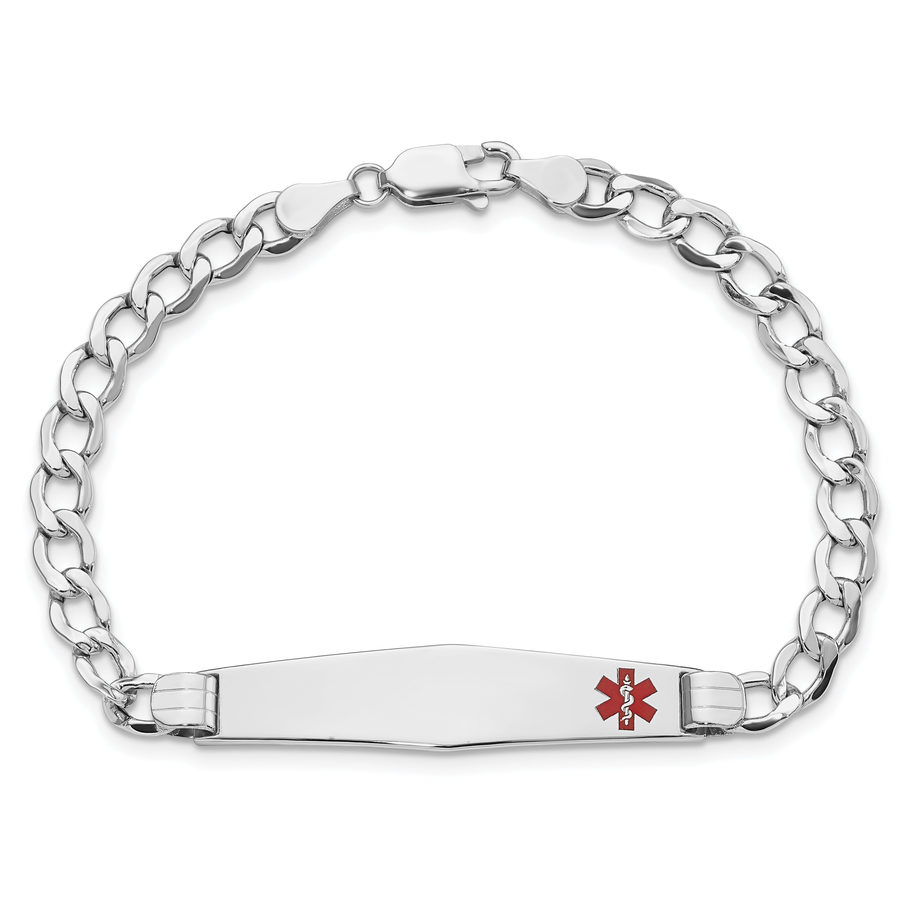 14K White Gold Medical Semi-Solid Chain/Solid Plate Soft Diamond Shape 37x9mm Off-Center Red Enamel Cuban Link 8 inch ID Bracelet