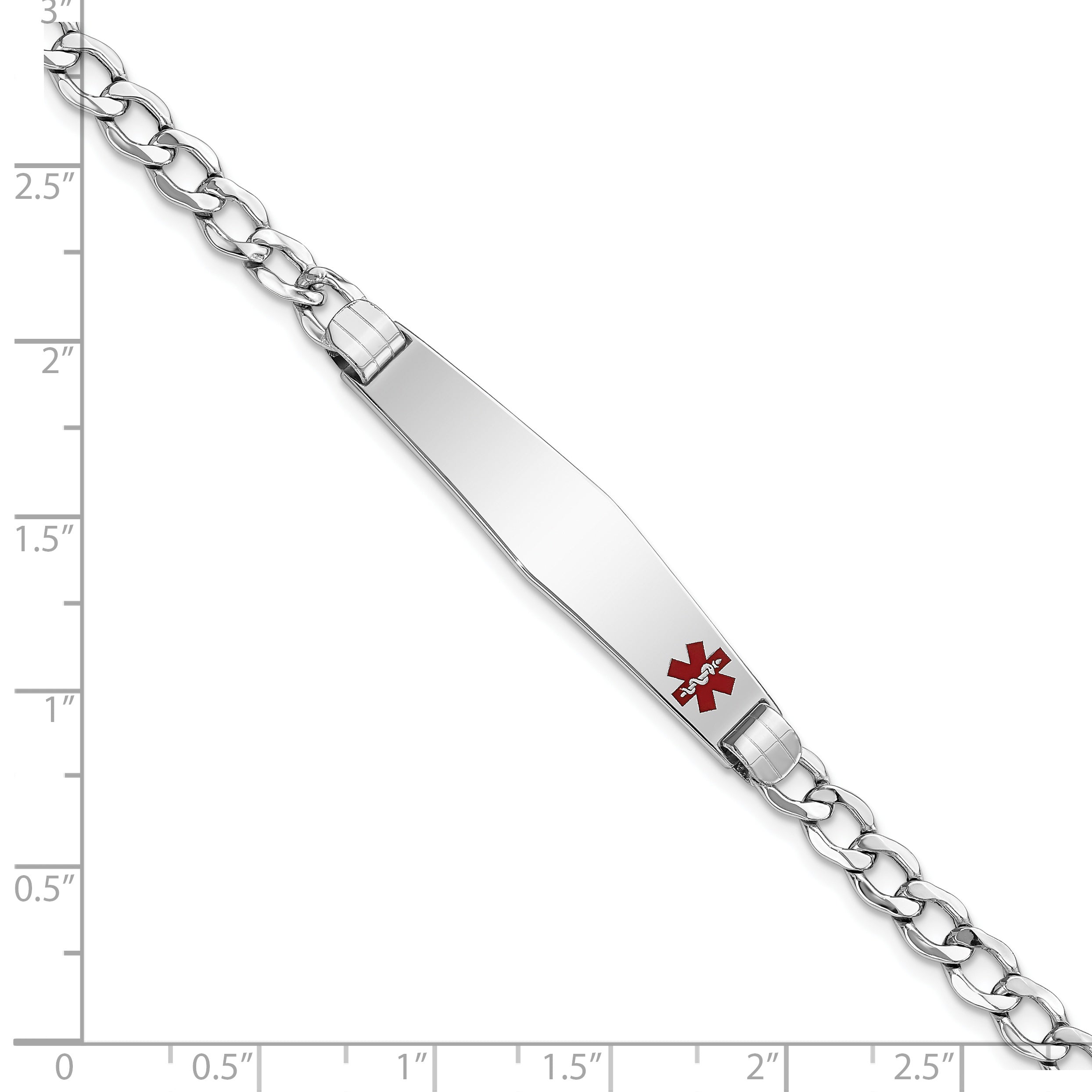 14K White Gold Medical Semi-Solid Chain/Solid Plate Soft Diamond Shape 37x9mm Off-Center Red Enamel Cuban Link 8 inch ID Bracelet