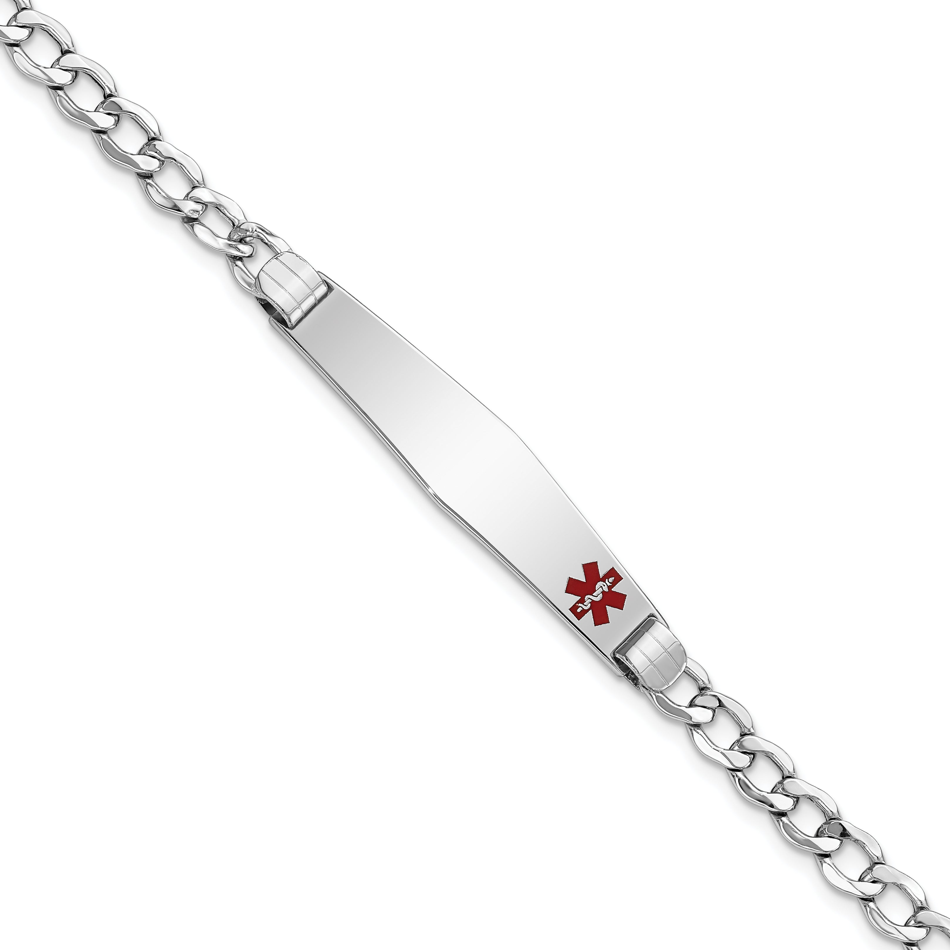 14K White Gold Medical Semi-Solid Chain/Solid Plate Soft Diamond Shape 37x9mm Off-Center Red Enamel Cuban Link 8 inch ID Bracelet
