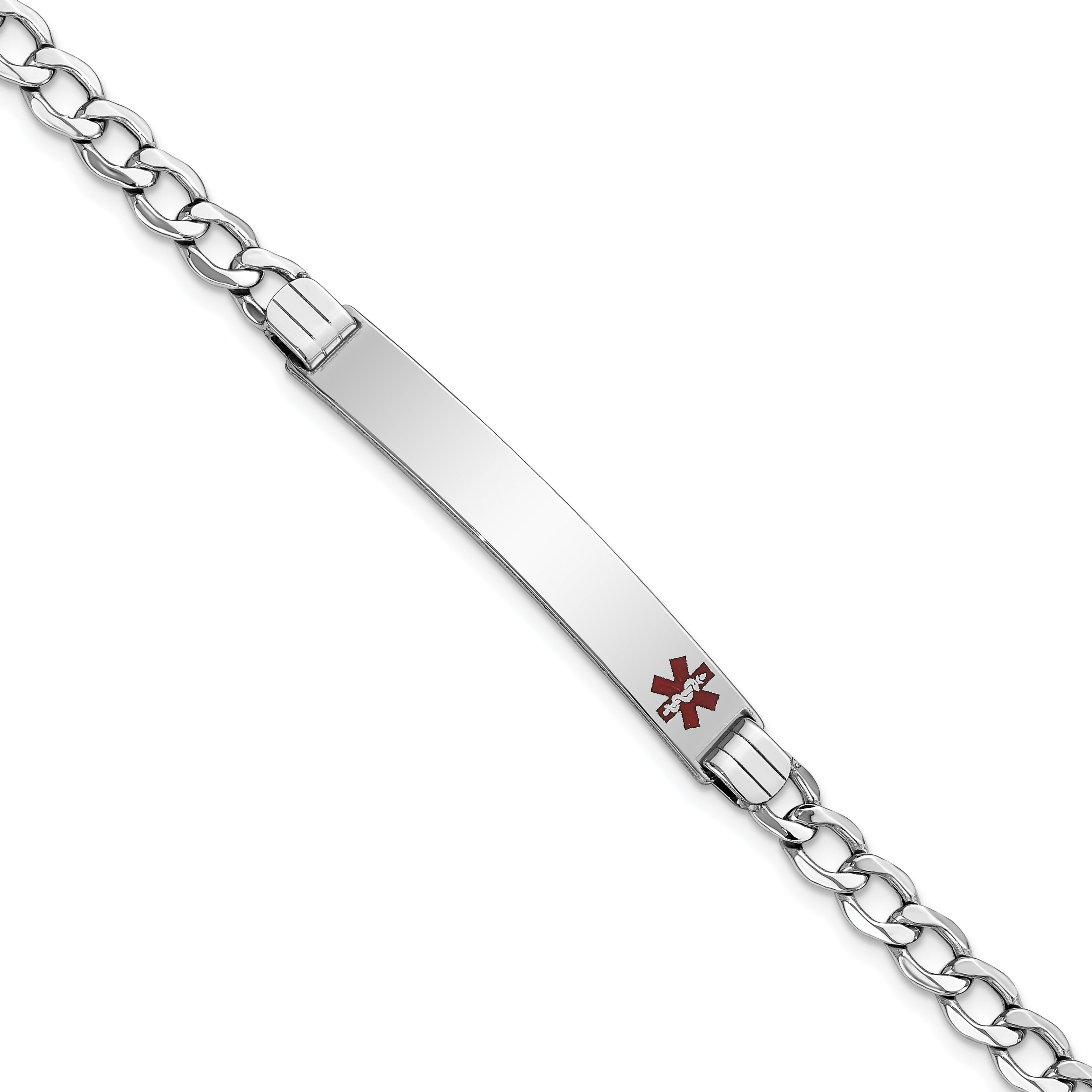 14K White Gold Medical Semi-solid Chain/Solid Plate 37x6mm Off-Center Red Enamel Curb Link 7 inch ID Bracelet