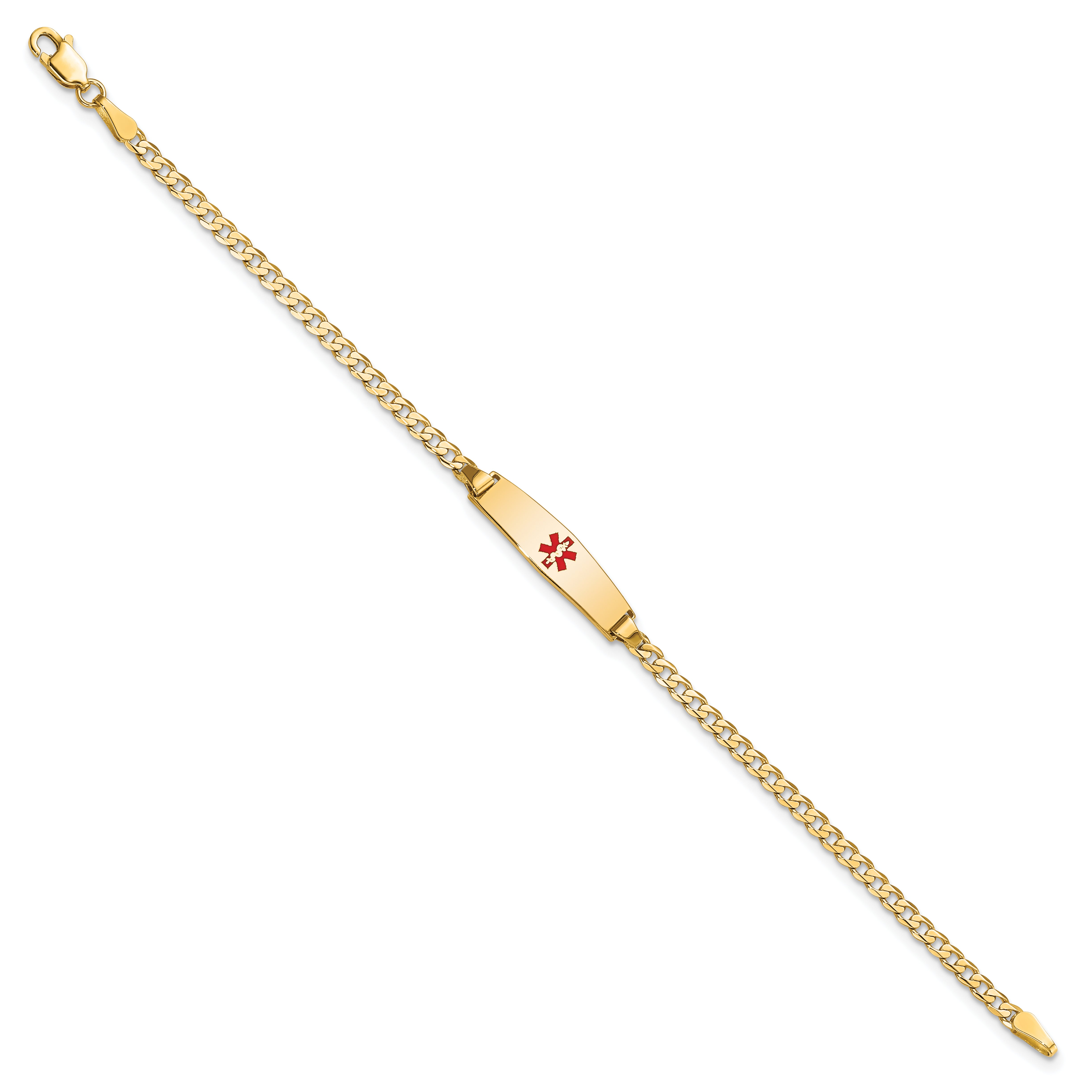 14k Medical Solid Chain/Solid Plate 20x5mm Soft Diamond Shape Centered Red Enamel Curb Link 6 inch Baby/Child ID Bracelet