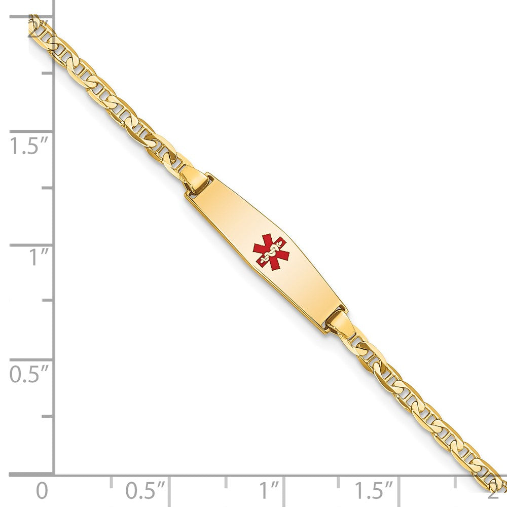 14k Medical Soft Diamond Shape Red Enamel Flat Anchor Link ID Bracelet