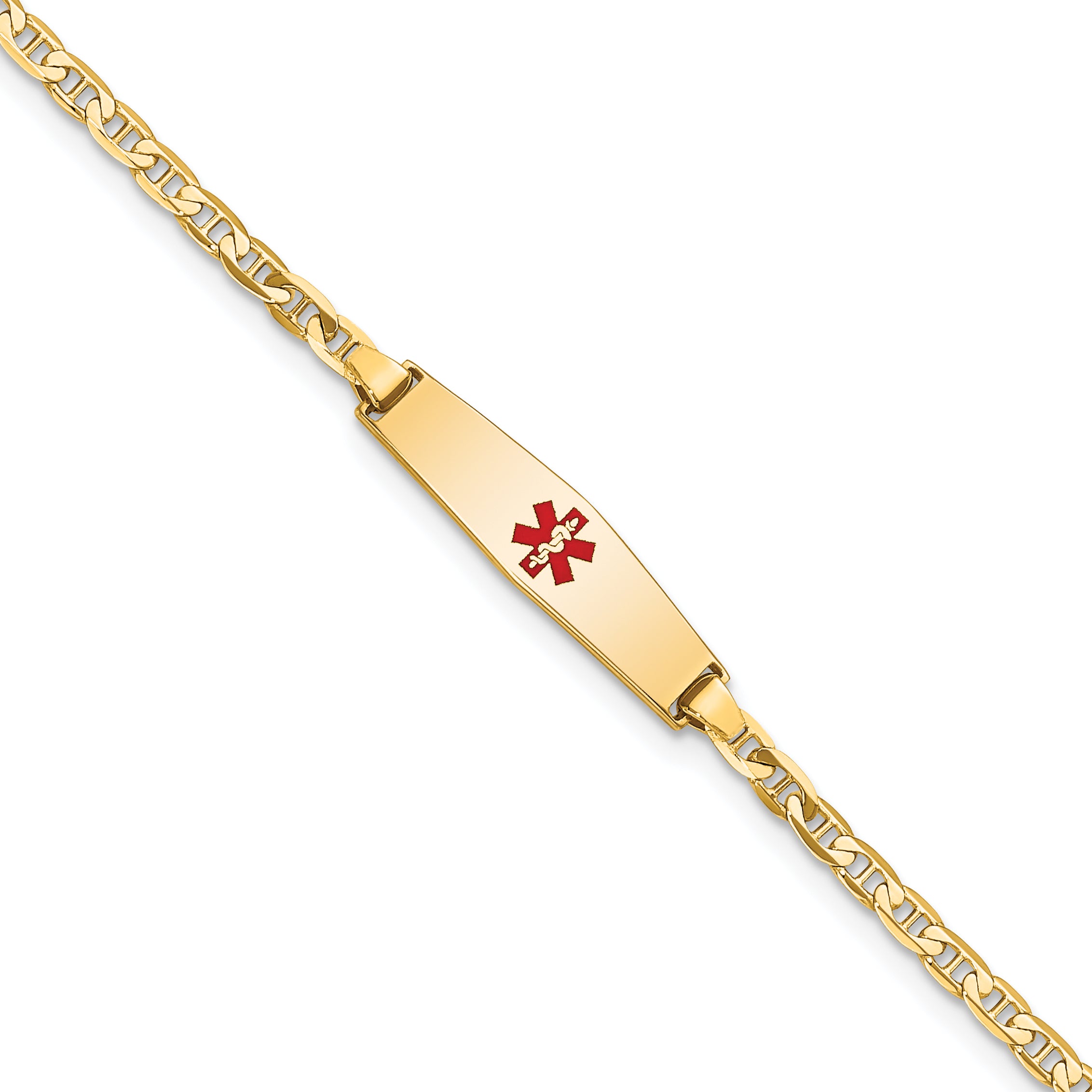 14k Medical Solid Chain/Solid Plate 20x5mm Soft Diamond Shape Centered Red Enamel Flat Anchor Link 6 inch Baby/Child ID Bracelet