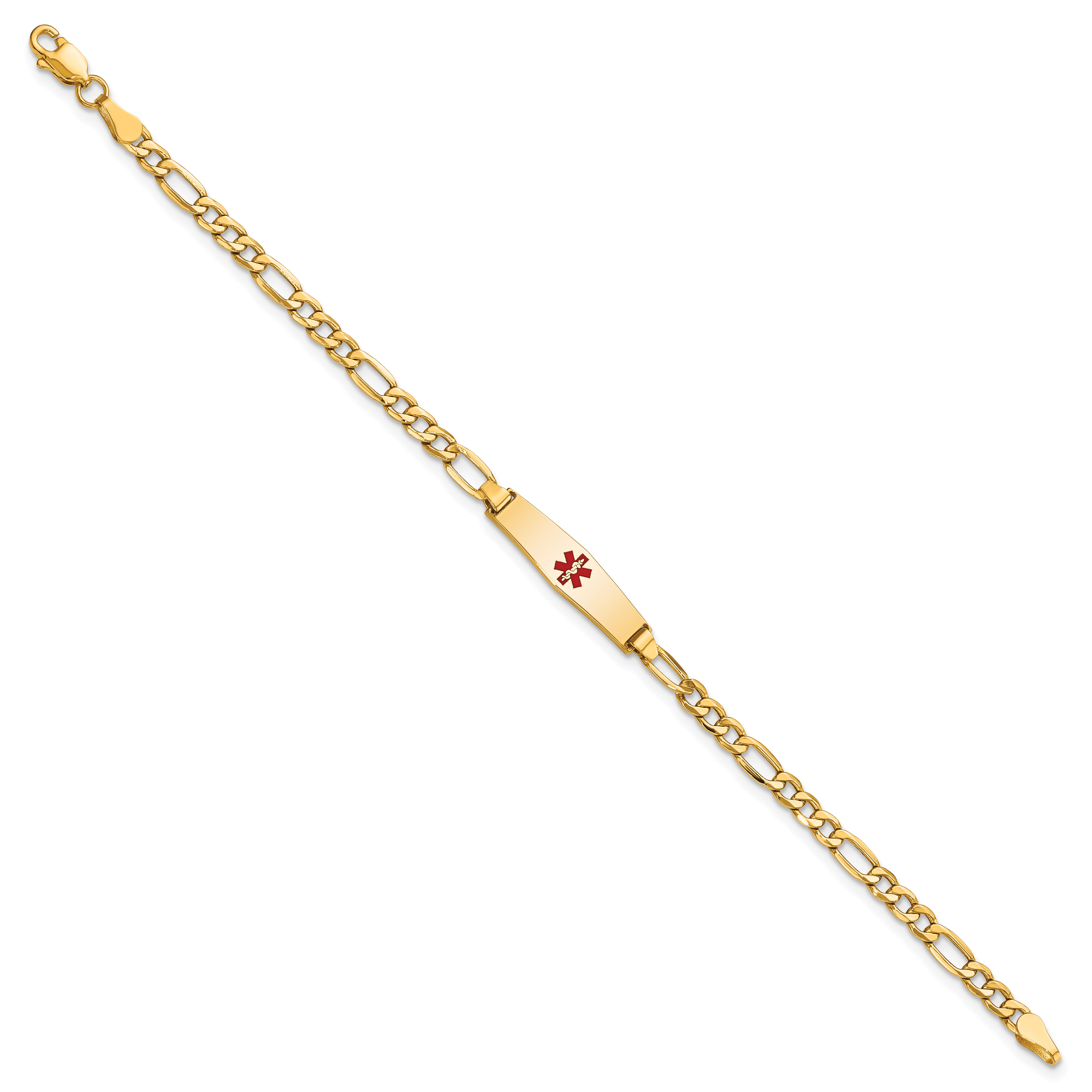 14k Medical Semi-Solid Chain/Solid Plate 20x5mm Soft Diamond Shape Centered Red Enamel Figaro Link 6 inch Baby/Child ID Bracelet