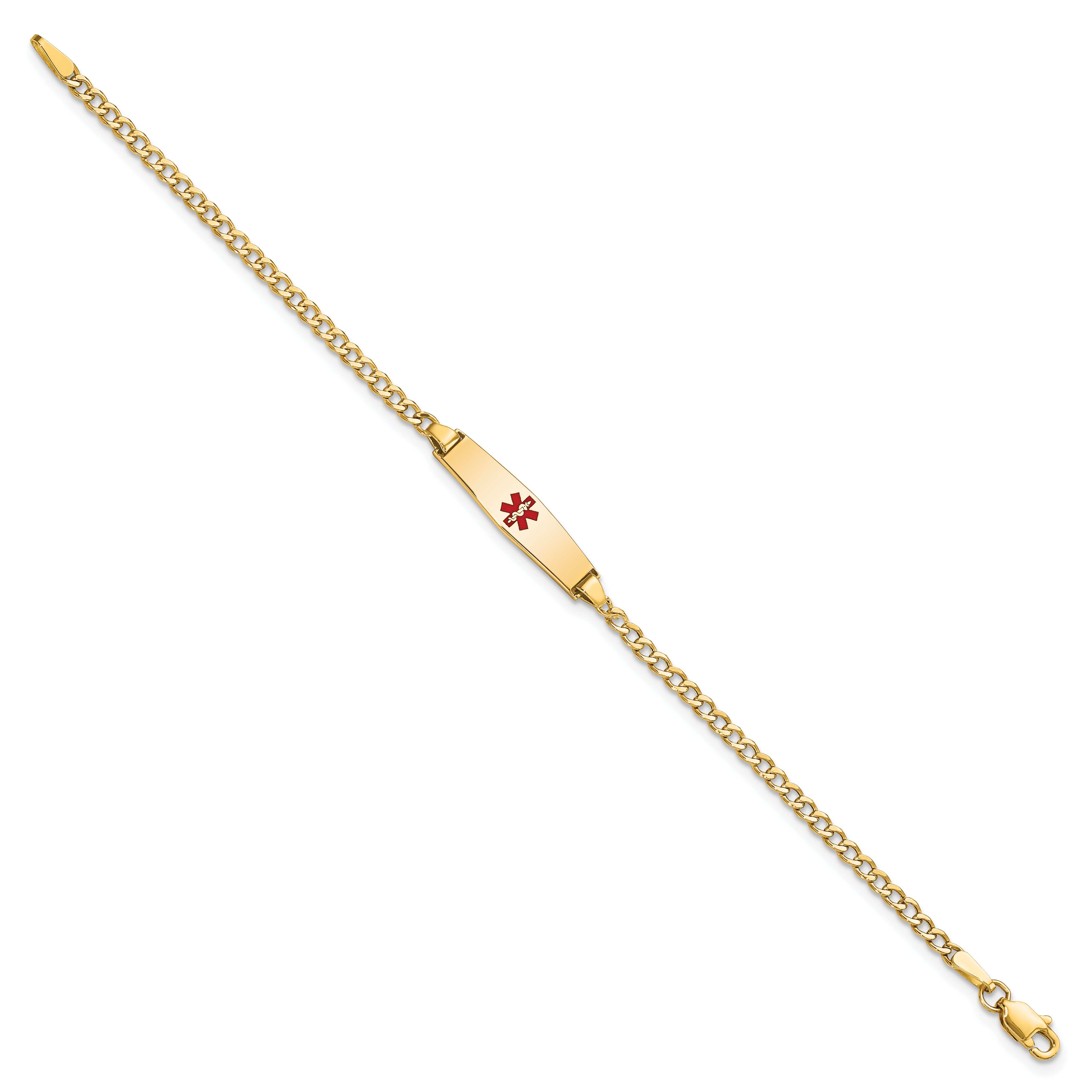 14k Medical Semi-Solid Chain/Solid Plate 20x5mm Soft Diamond Shape Centered Red Enamel Cuban Link 6 inch Baby/Child ID Bracelet