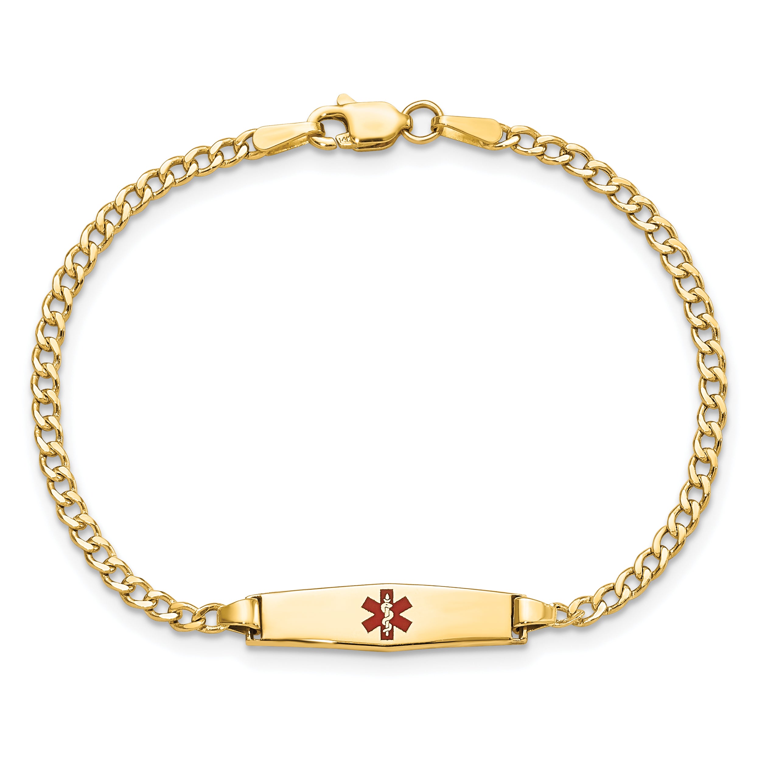 14k Medical Semi-Solid Chain/Solid Plate 20x5mm Soft Diamond Shape Centered Red Enamel Cuban Link 6 inch Baby/Child ID Bracelet