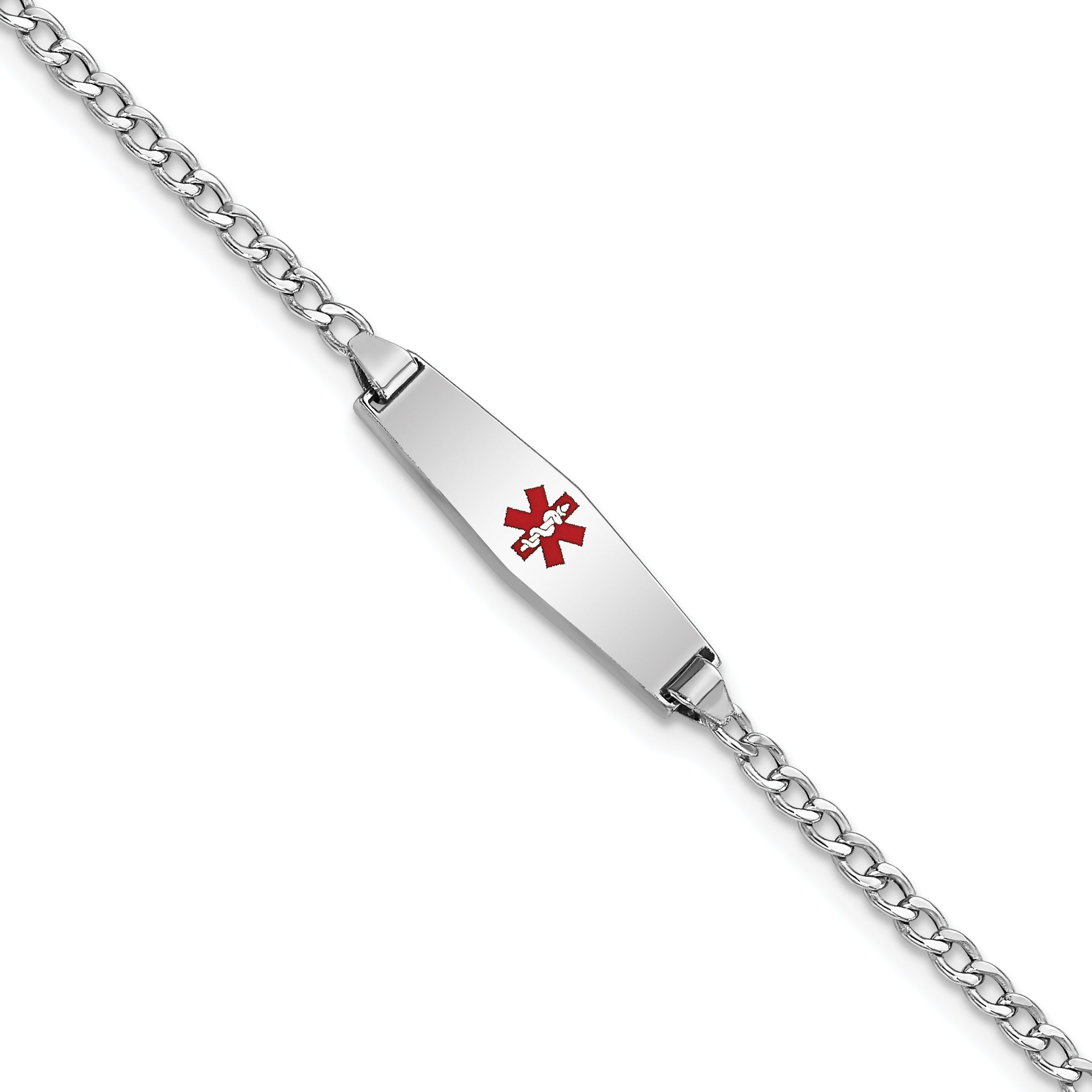 14k White Gold Medical Semi-Solid Chain/Solid Plate 20x5mm Soft Diamond Shape Centered Red Enamel Cuban Link 6 inch Baby/Child ID Bracelet