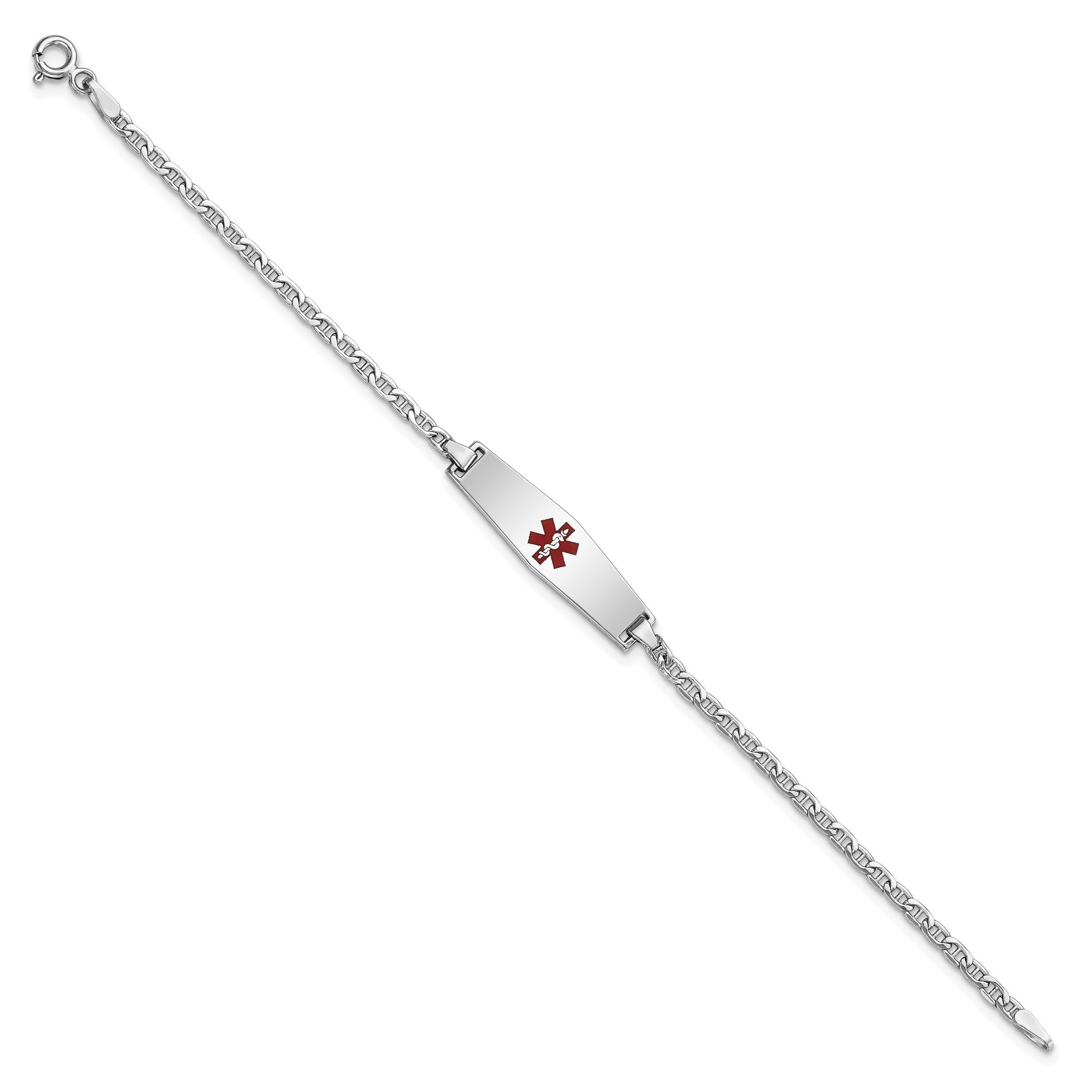 14k White Gold Medical Semi-Solid Chain/Solid Plate 25x7mm Soft Diamond Shape Centered Red Enamel Anchor Link 6 inch Baby/Child ID Bracelet