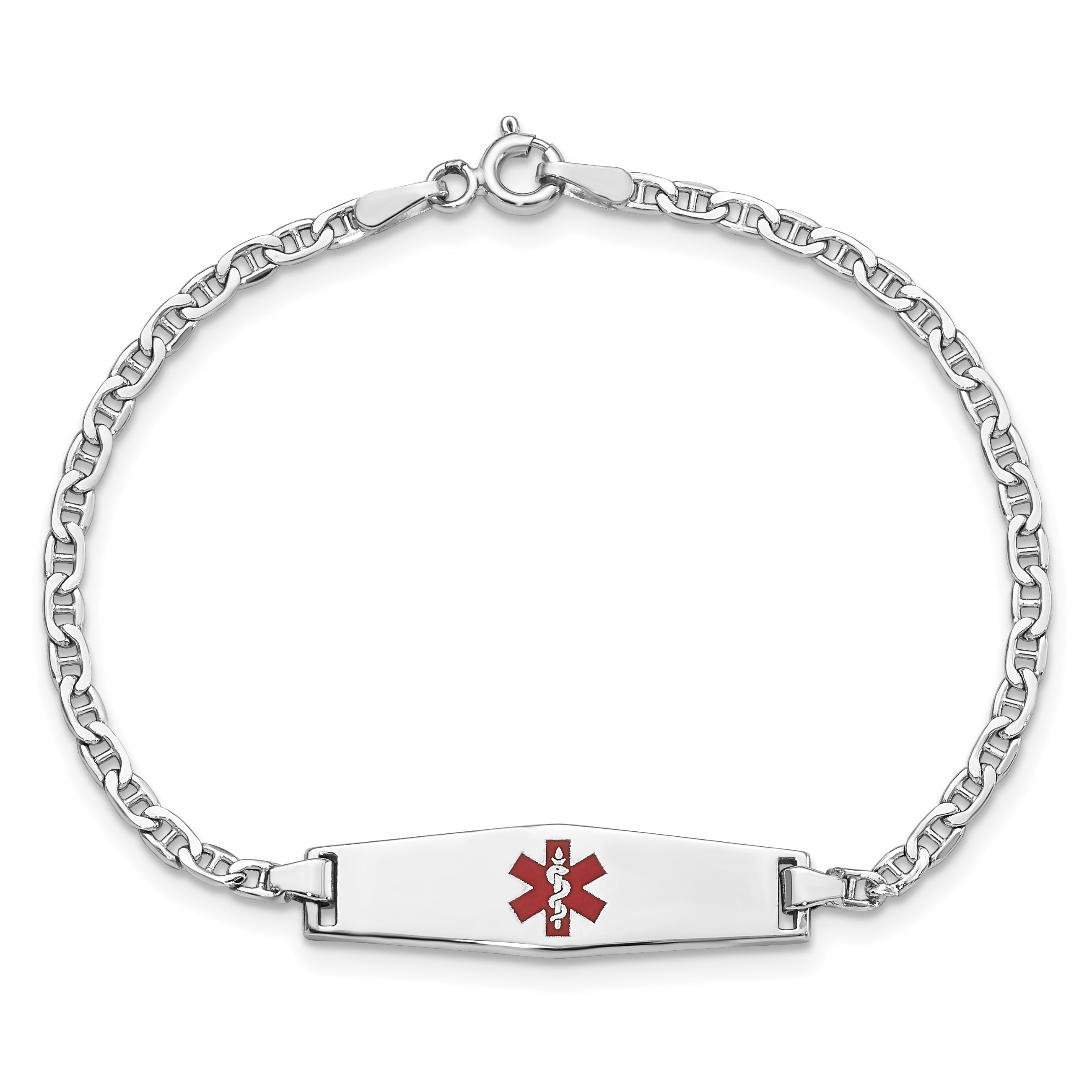 14k White Gold Medical Semi-Solid Chain/Solid Plate 25x7mm Soft Diamond Shape Centered Red Enamel Anchor Link 6 inch Baby/Child ID Bracelet