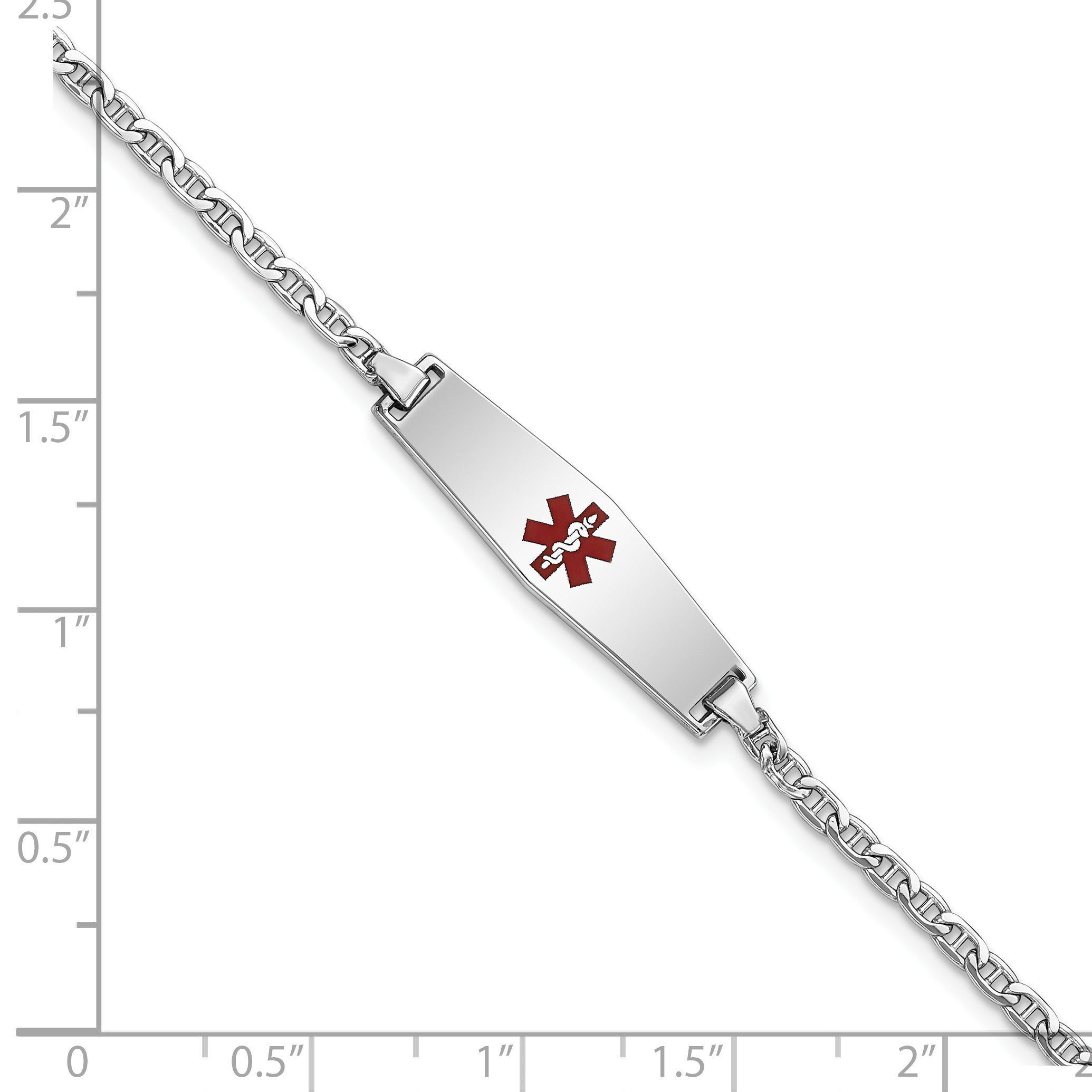14k White Gold Medical Semi-Solid Chain/Solid Plate 25x7mm Soft Diamond Shape Centered Red Enamel Anchor Link 6 inch Baby/Child ID Bracelet