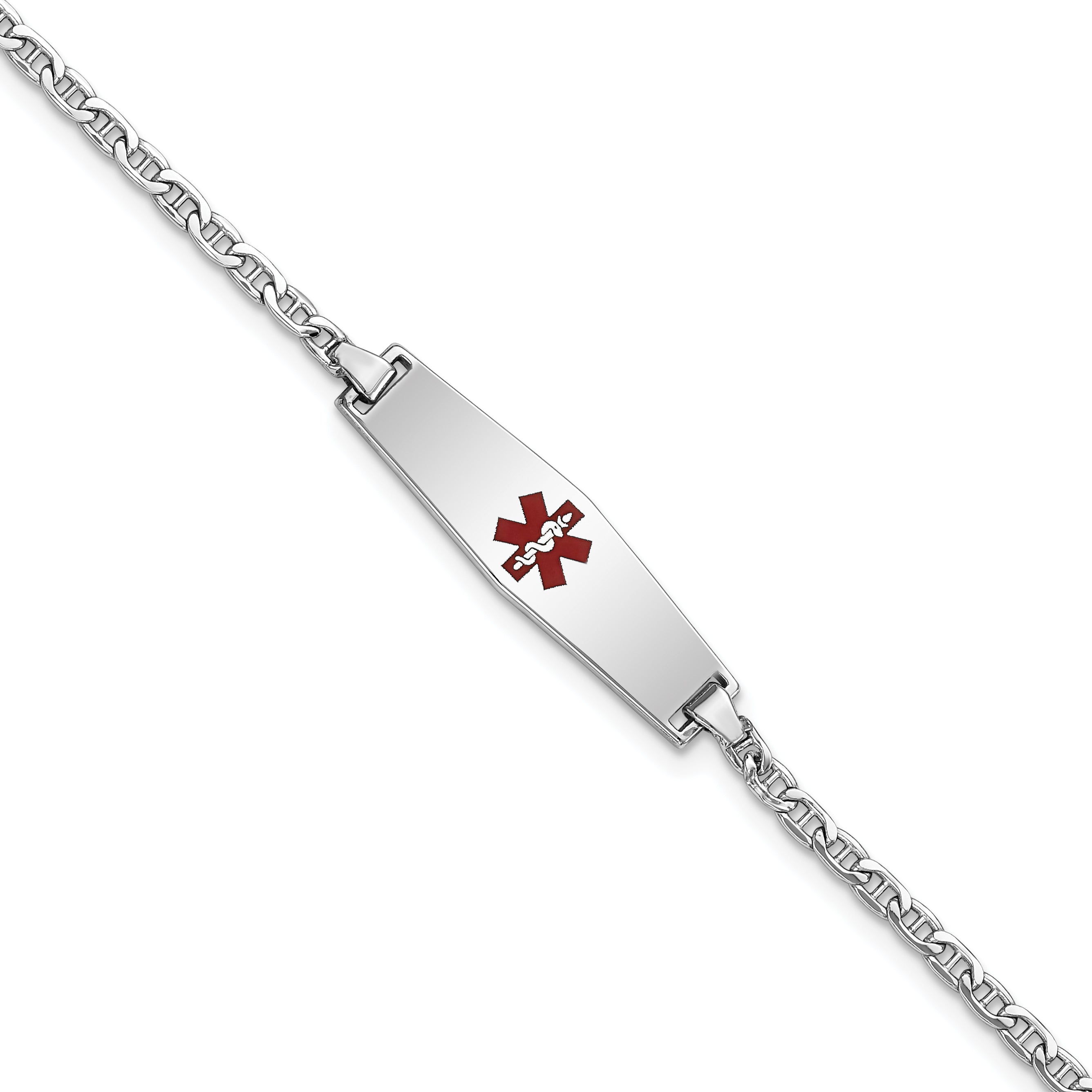 14k White Gold Medical Semi-Solid Chain/Solid Plate 25x7mm Soft Diamond Shape Centered Red Enamel Anchor Link 6 inch Baby/Child ID Bracelet