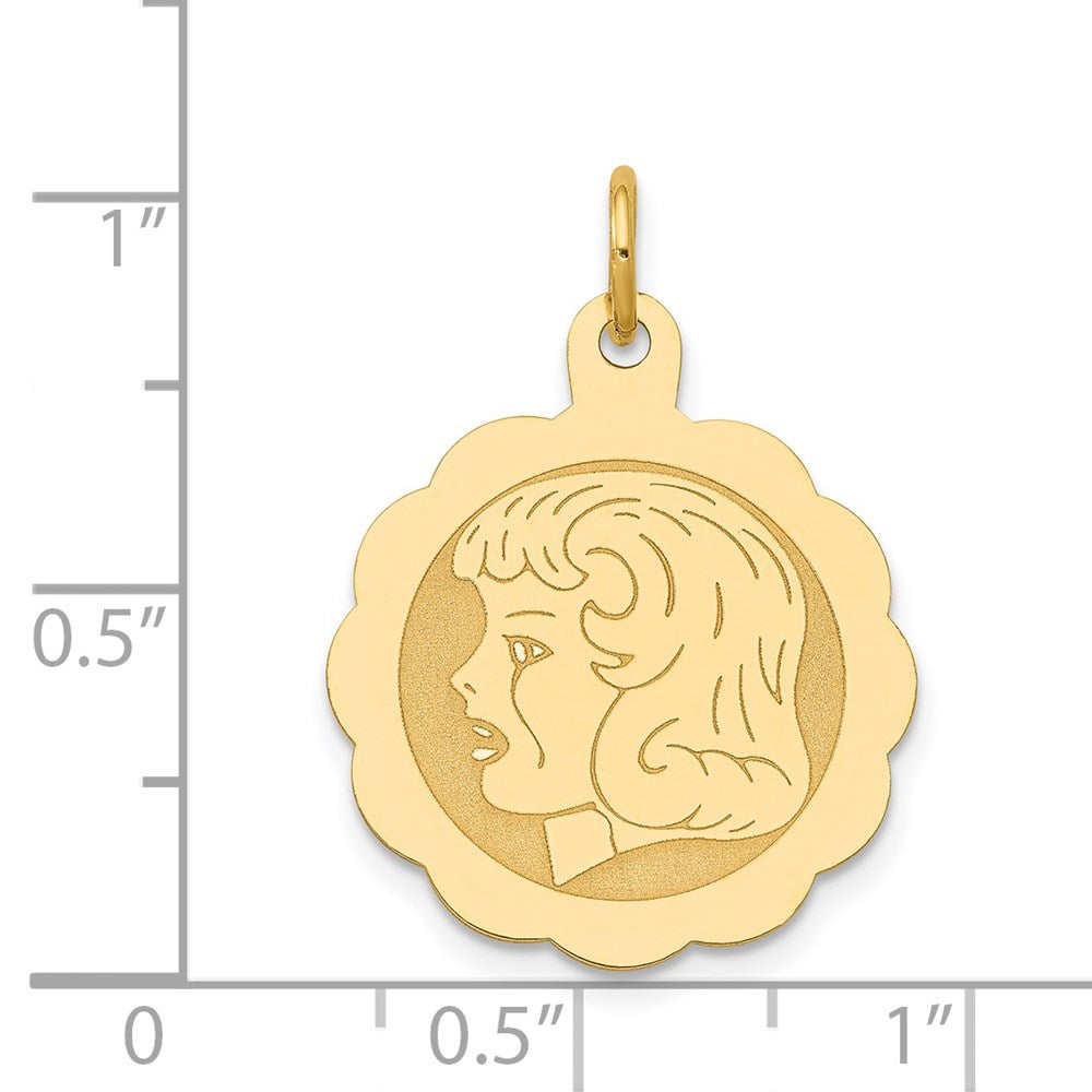 14k Girl Head on .013 Gauge Engravable Scalloped Disc Charm