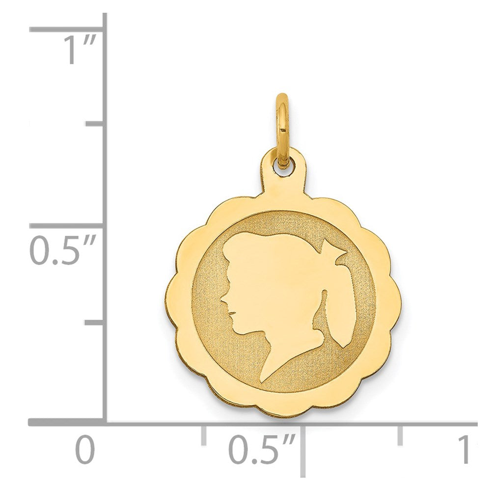 14k Girl Head on .011 Gauge Engravable Scalloped Disc Charm