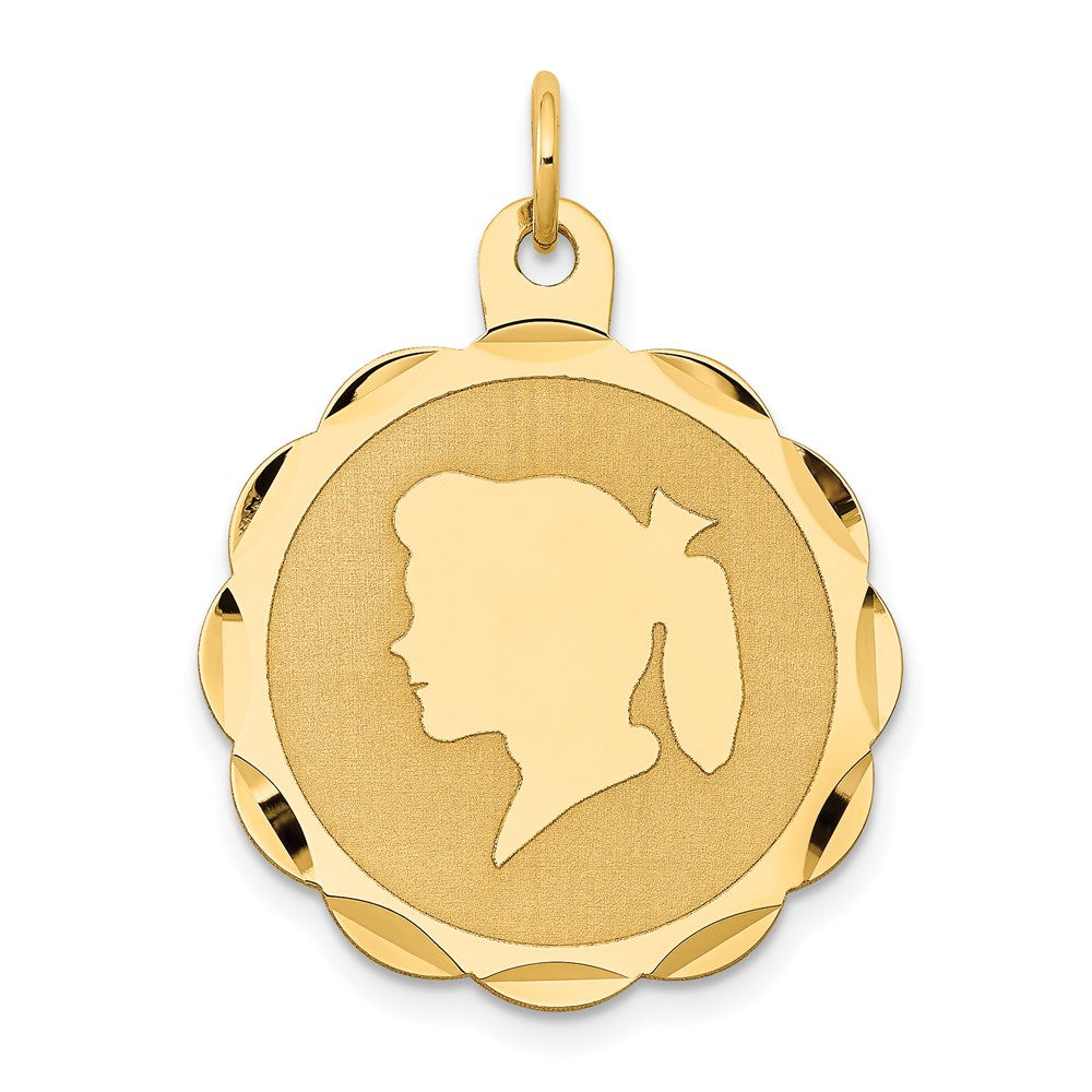 14k Girl Head on .011 Gauge Engravable Scalloped Disc Charm