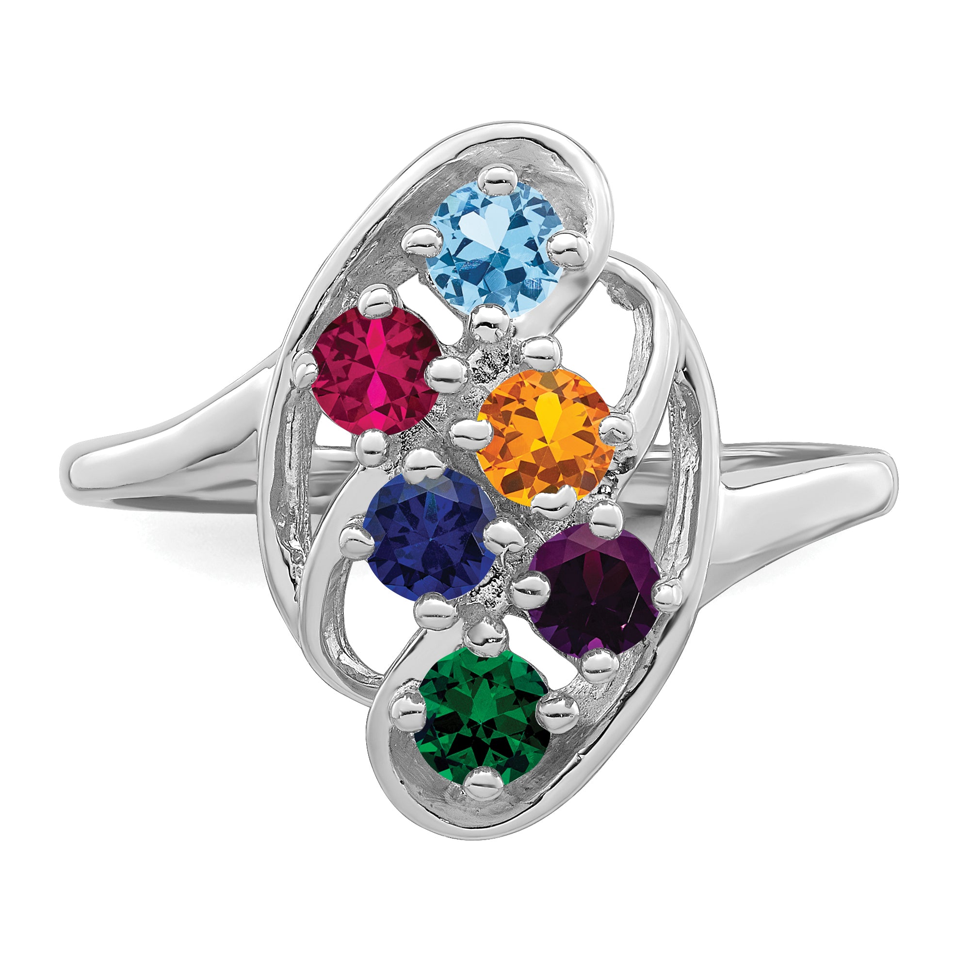 Sterling Silver Rhodium-plated Synthetic 6 Stone Mother's Ring