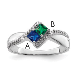 SS Rh-plated Personalized 2-Name Diamond and Synthetic 2 Stone Couple's Rin