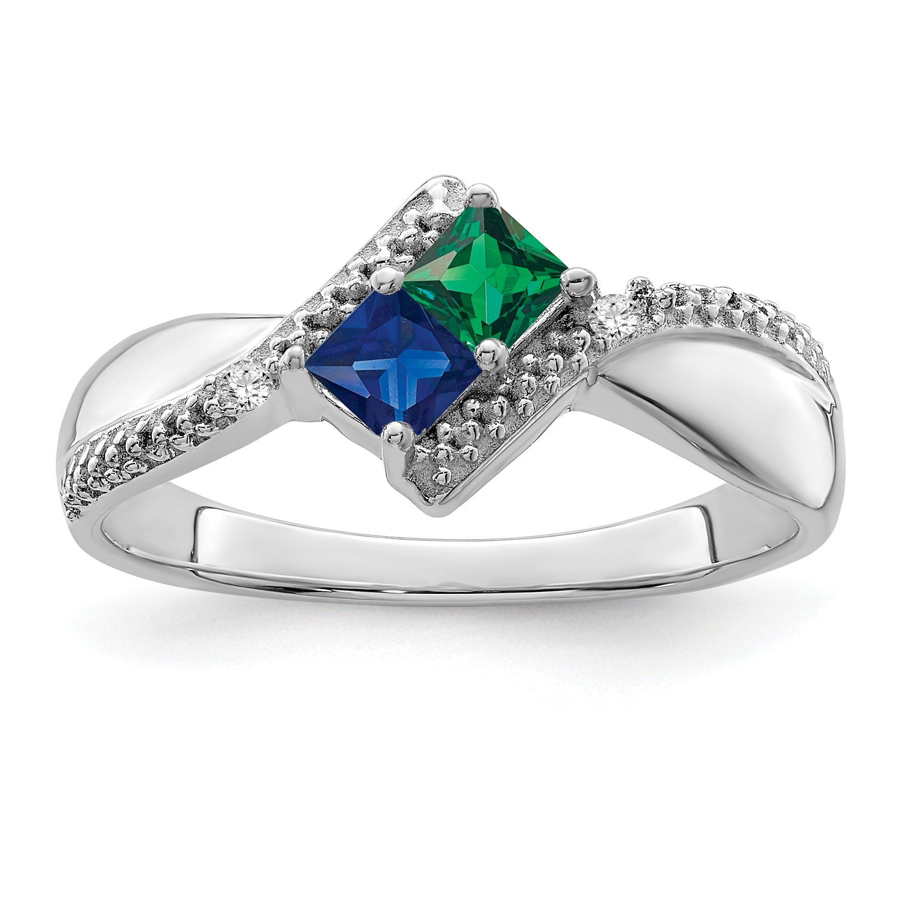 SS Rh-plated Personalized 2-Name Diamond and Synthetic 2 Stone Couple's Rin