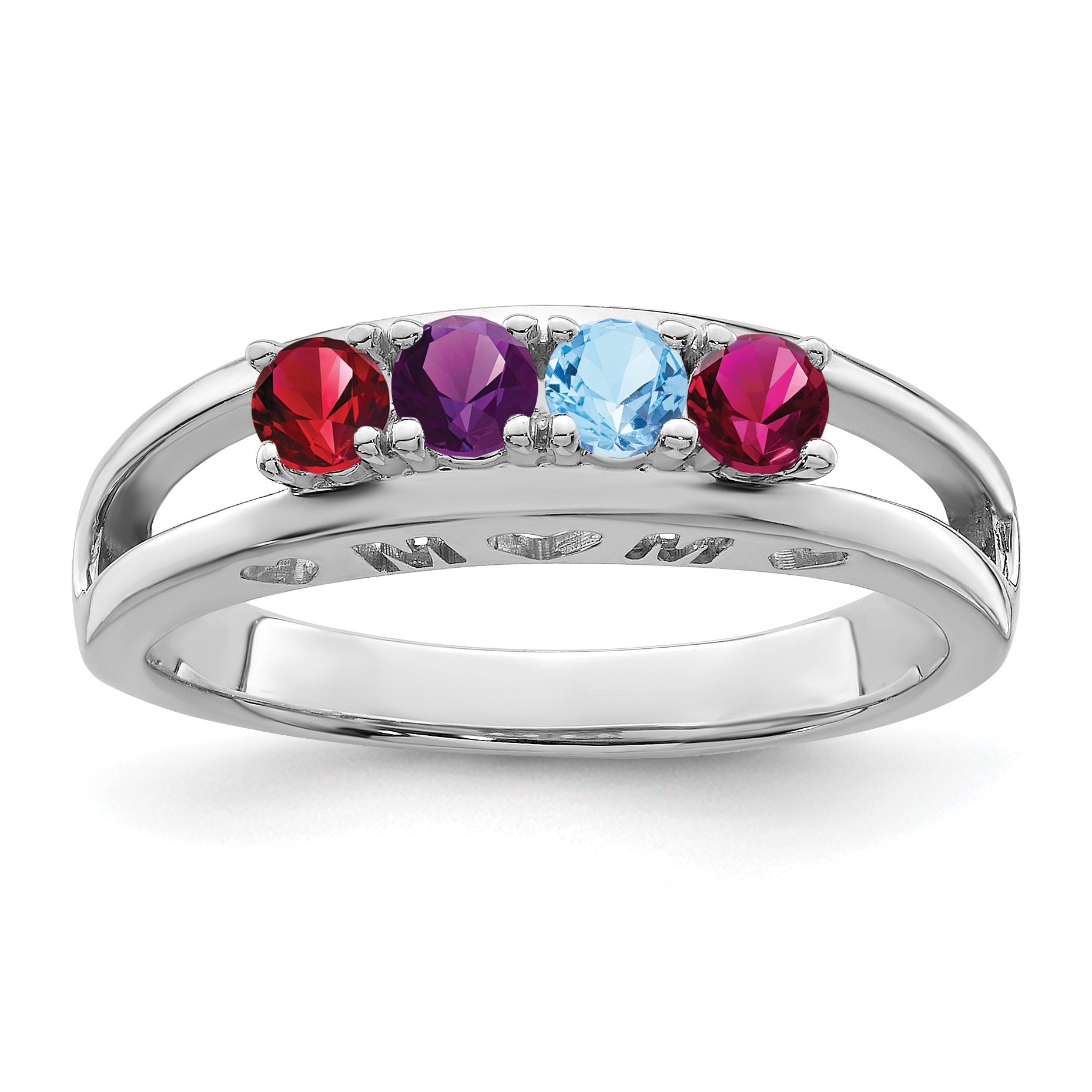 Sterling Silver Rhodium-plated 3mm Synthetic family jewelry ring