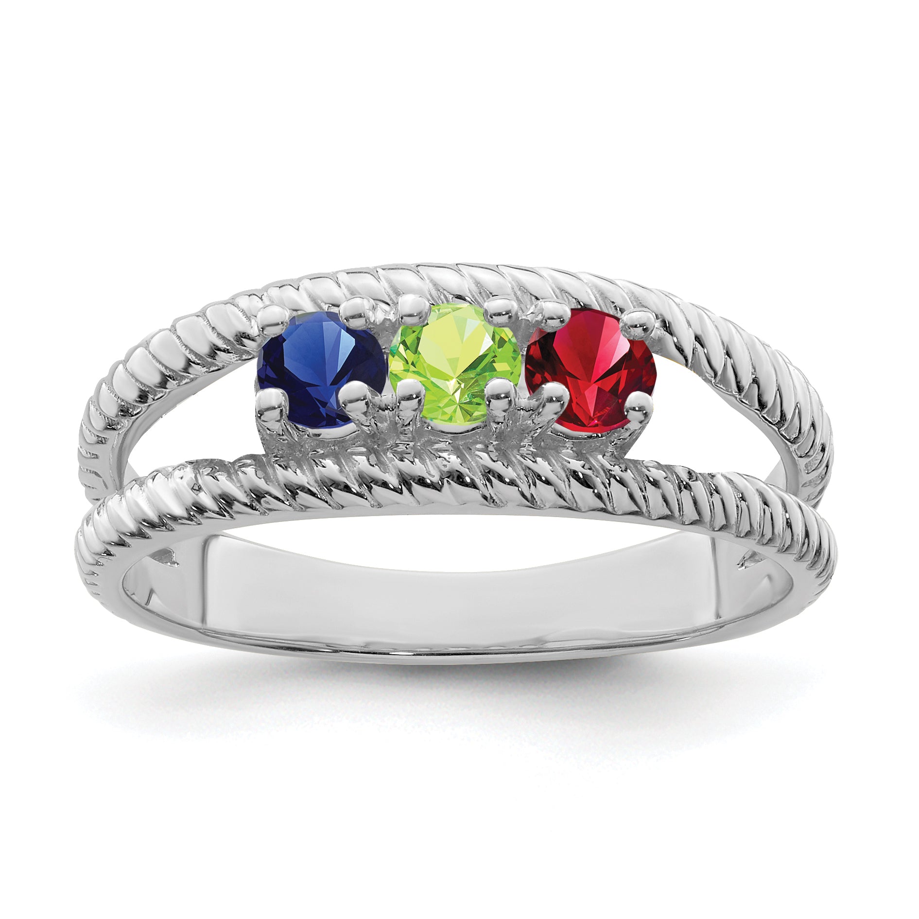 Sterling Silver Rhodium-plated Synthetic 3 Stone Mother's Ring