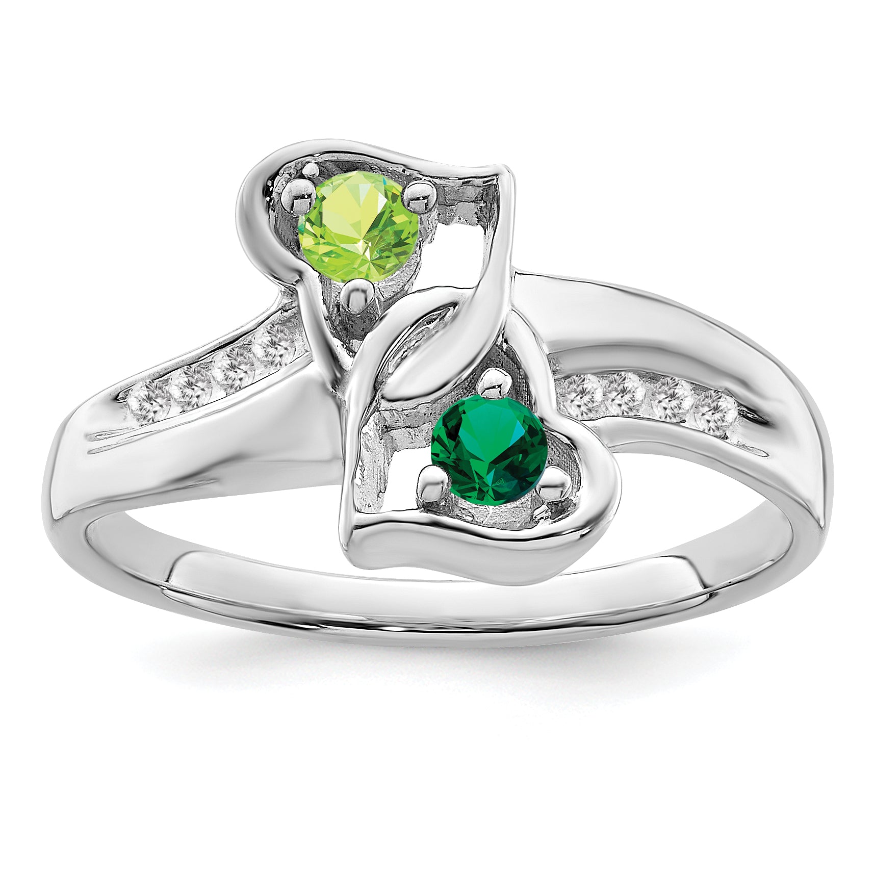 SS Rh-plated Personalized 2-Name Diamond and Synthetic 2 Stone Couple's Rin