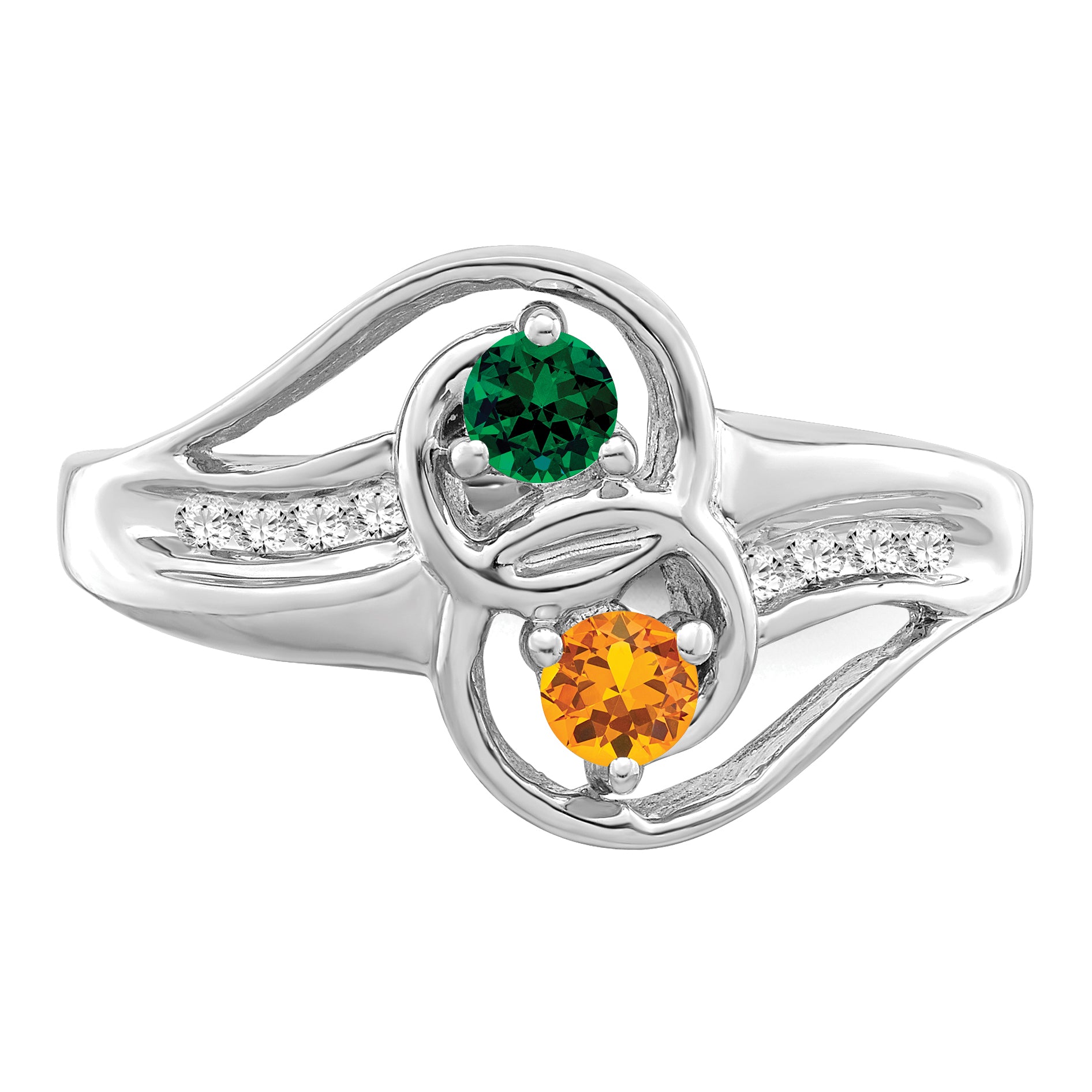 SS Rh-plated Personalized 2-Name Diamond and Synthetic 2 Stone Couple's Rin