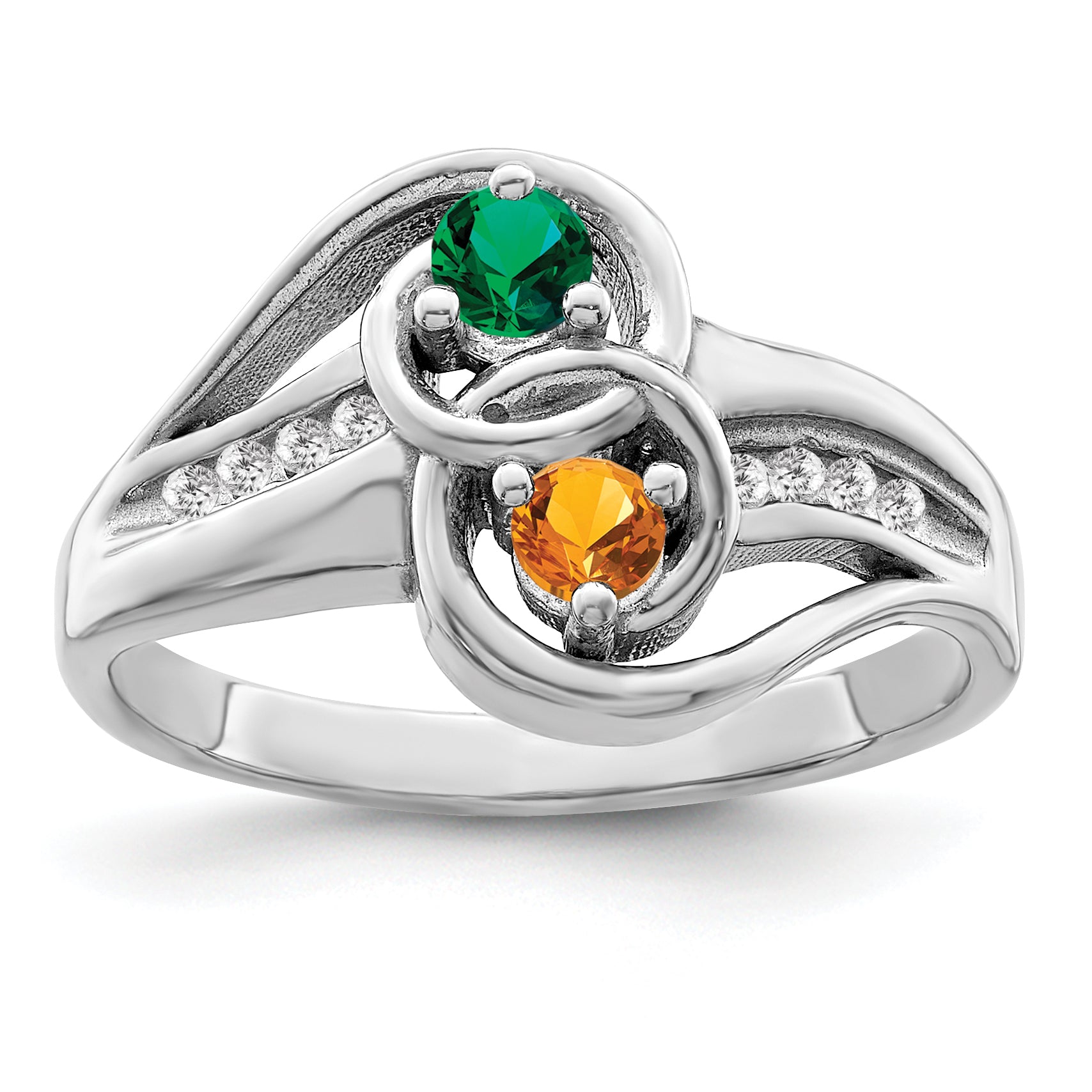 SS Rh-plated Personalized 2-Name Diamond and Synthetic 2 Stone Couple's Rin