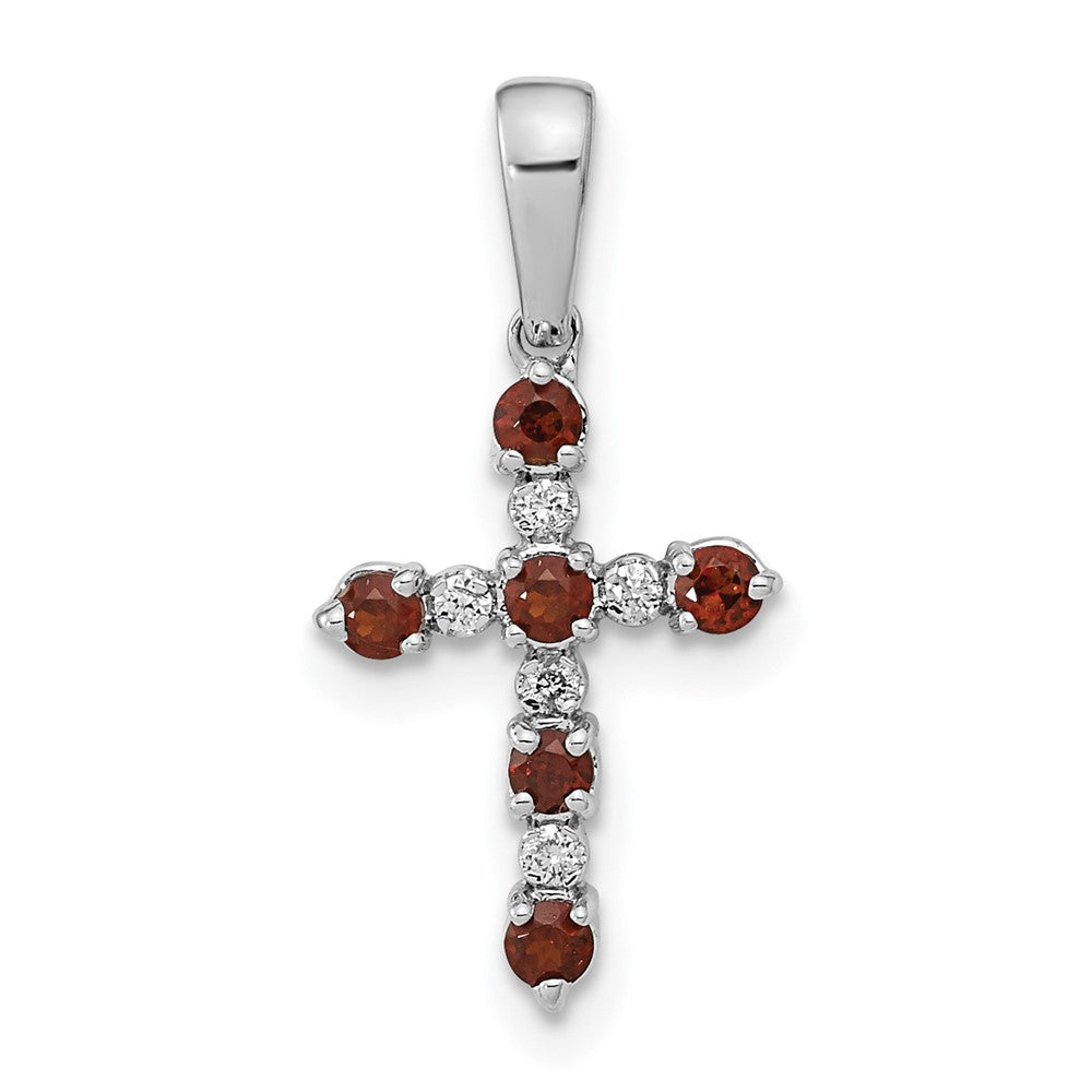 14K White Gold Garnet And Diamond Cross Pendant
