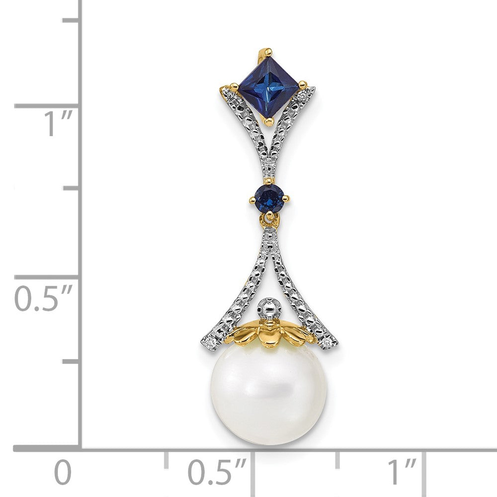 14k Diamond 8-9mm Round FWC Pearl/Created Sapphire Chain Slide