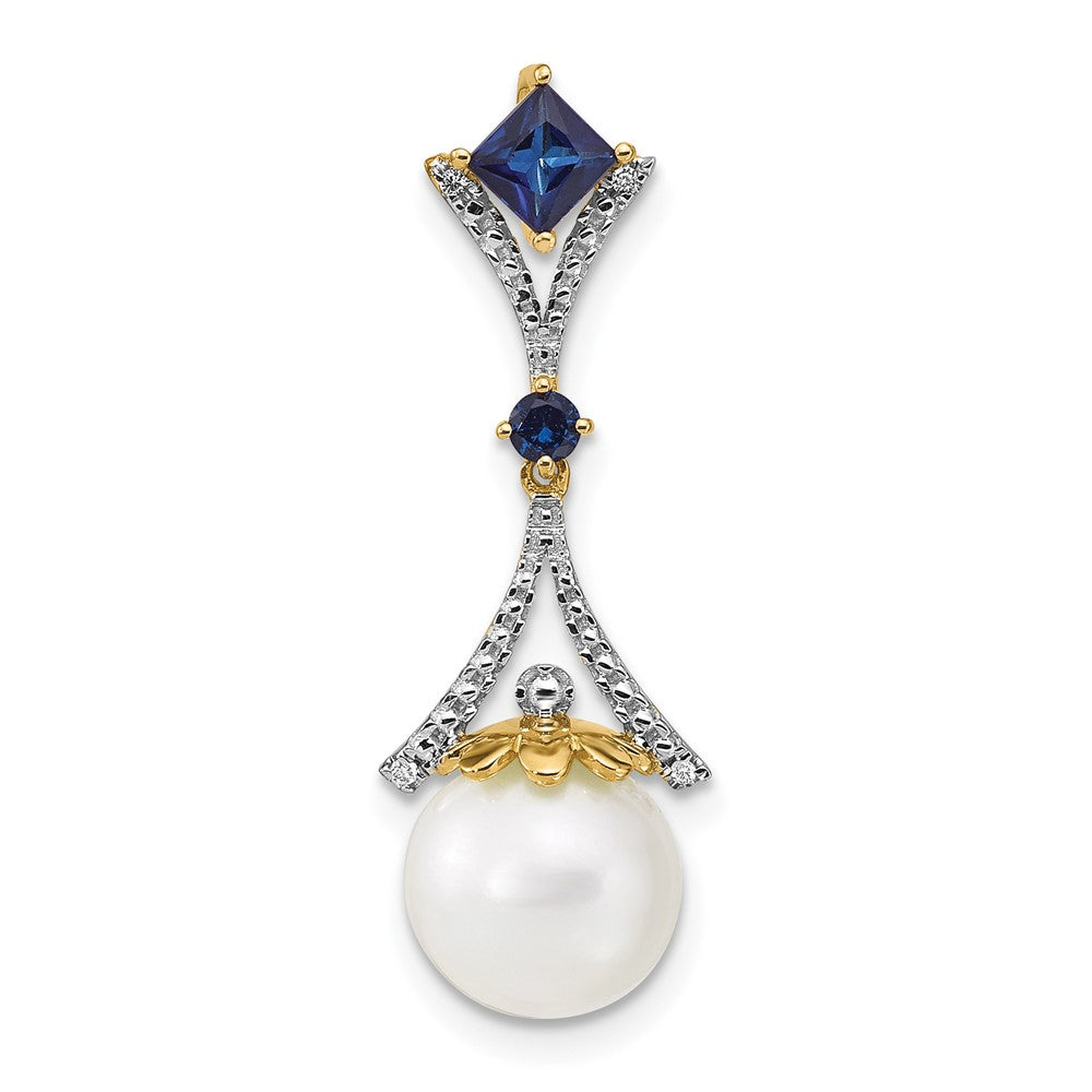 14k Diamond 8-9mm Round FWC Pearl/Created Sapphire Chain Slide