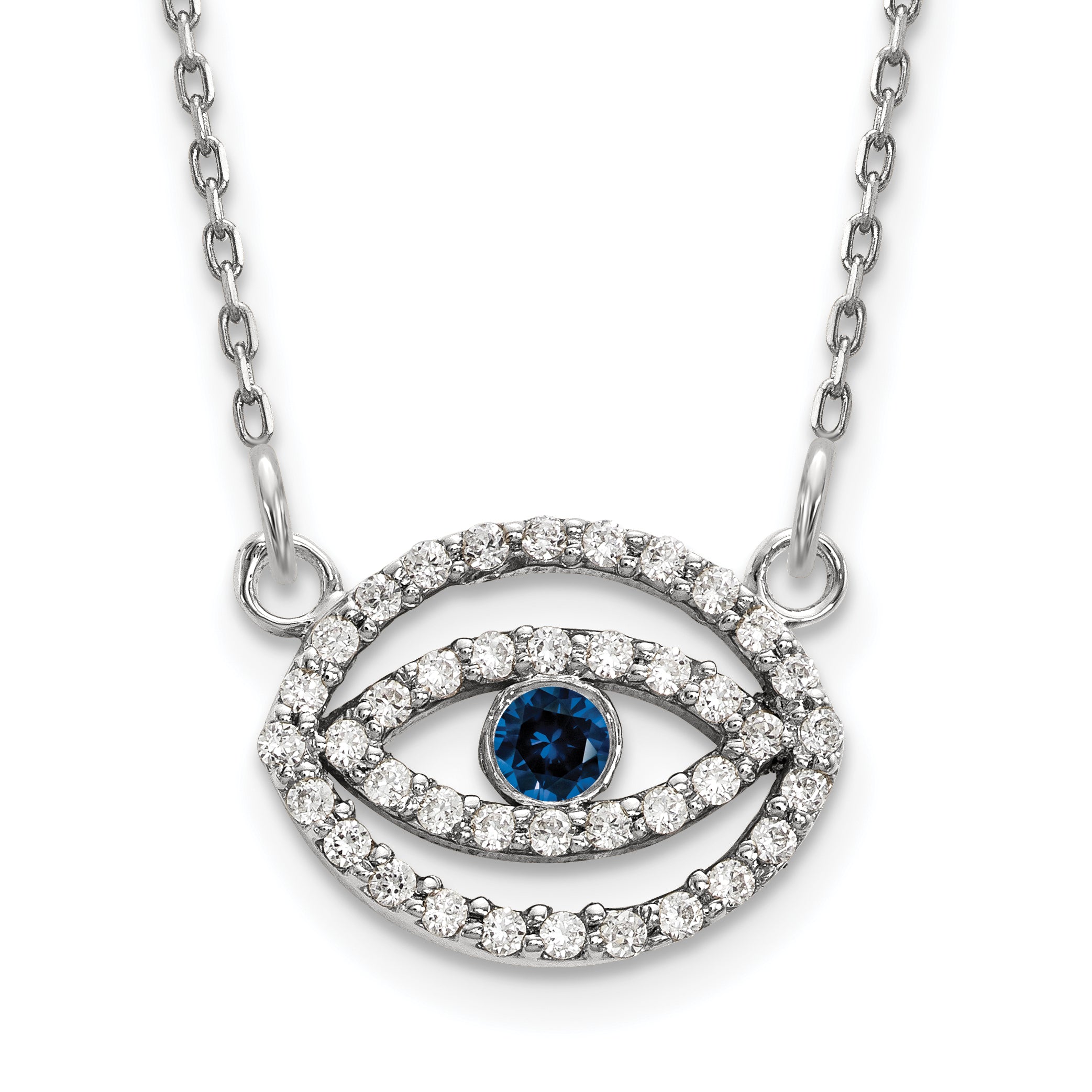 14K White Gold Small Necklace Diamond And Sapphire Gold Halo Evil Eye