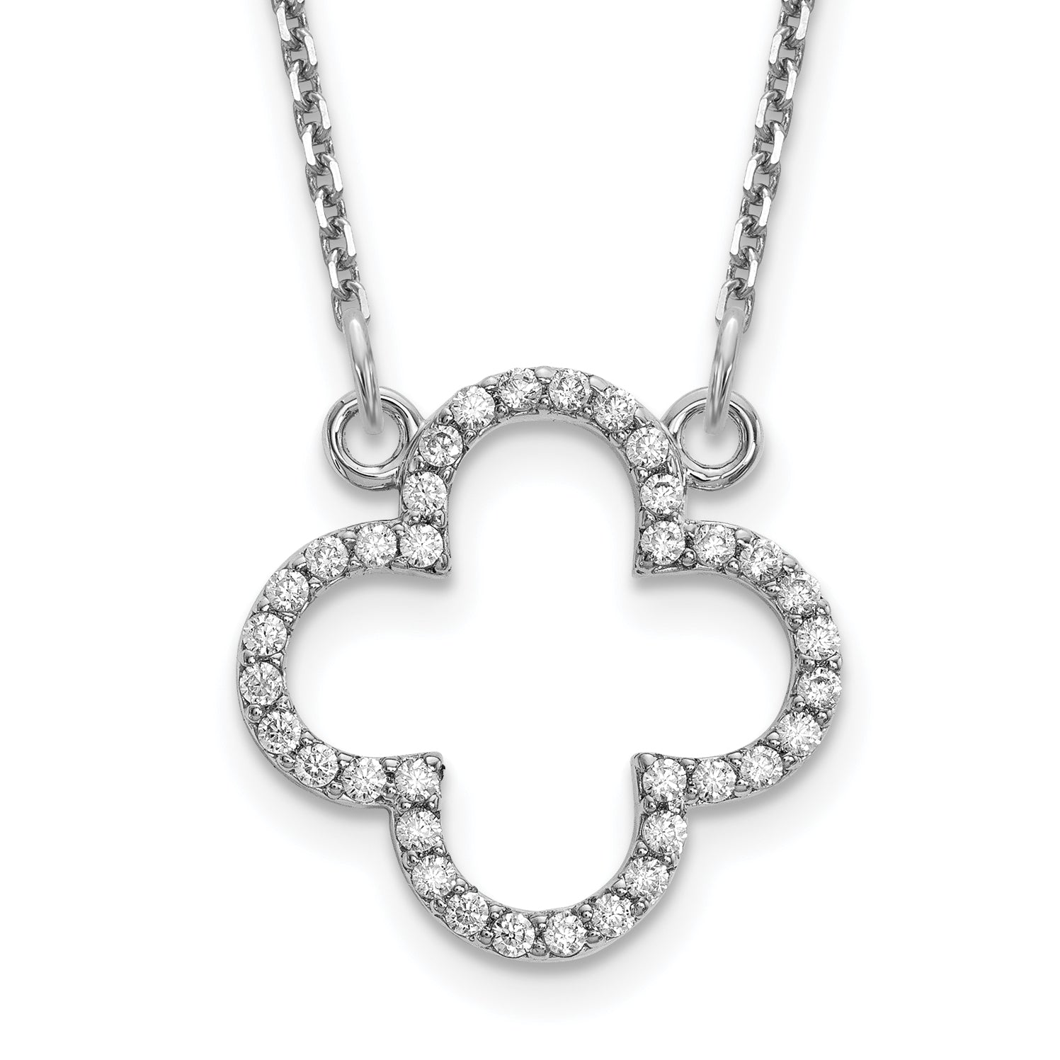 14k White Gold Polished 1/4 carat Diamond Quatrefoil Design 18 inch Necklace